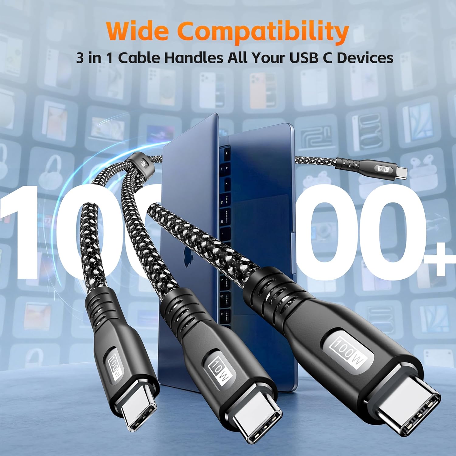 Thumbnail 6 de Amuvec 100W USB C Multi Charging Cable 3-in-1, Nylon Braided PD 3.0 with E-Mark – 1.2m