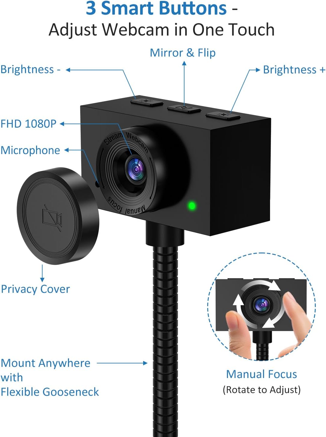 Detalle de Webcam for PC (USB) with Adjustable Gooseneck, 1080P Manual Focus & Noise-Cancelling Mic (Black)