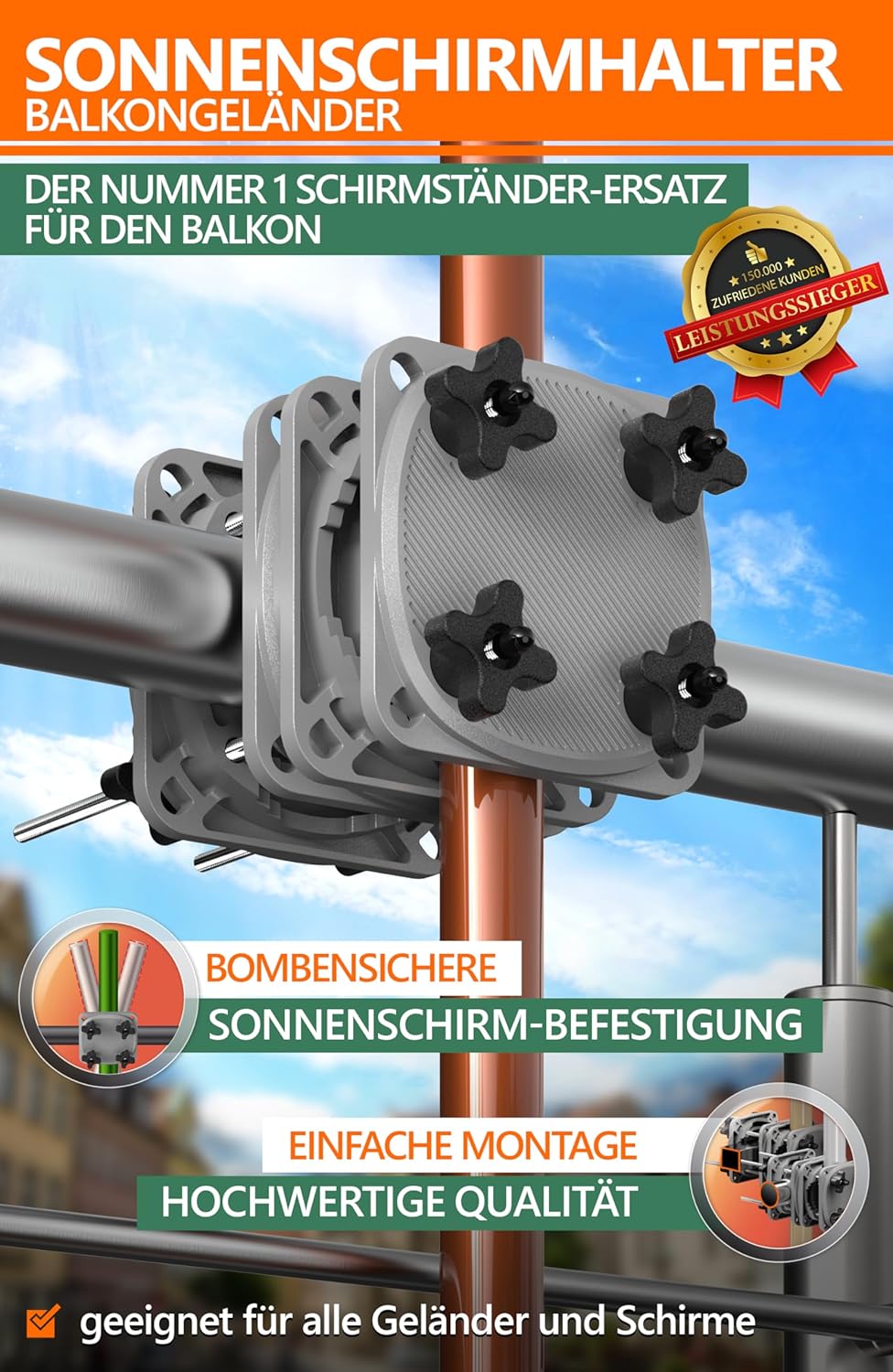 Detalle de 4smile Support de Parasol SunnyGuy 2.0 – Base Universelle et Compacte pour Balcon, Gris
