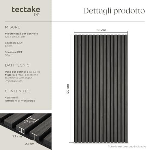 Detalle de tectake Set di 4 Pannelli Acustici Effetto Legno – Quercia Nera, Pannelli Fonoassorbenti Decorativi per Pareti e Soffitti