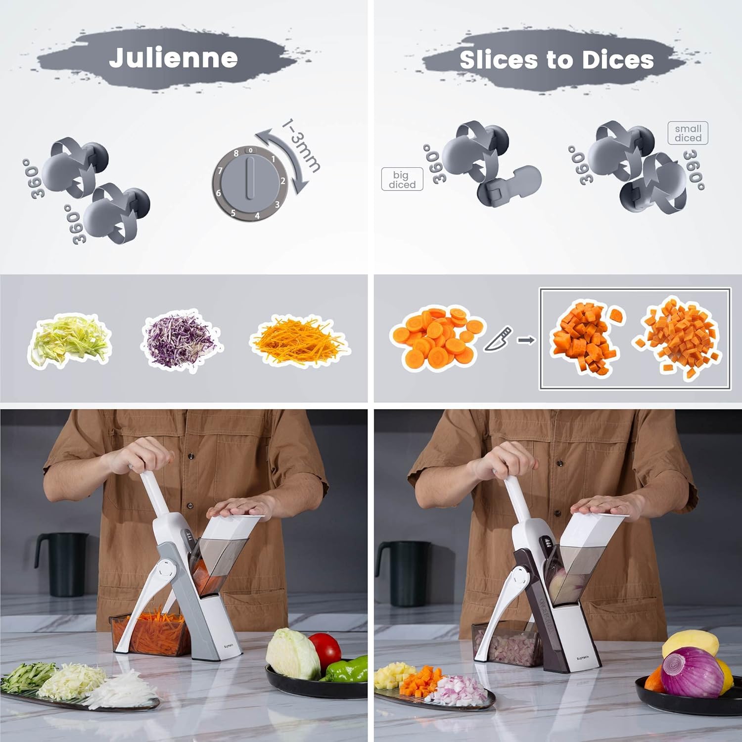Thumbnail 3 de SupMaKin mandoline manuelle de Cuisine Safety Slicer (gris) — découpe légumes réglable