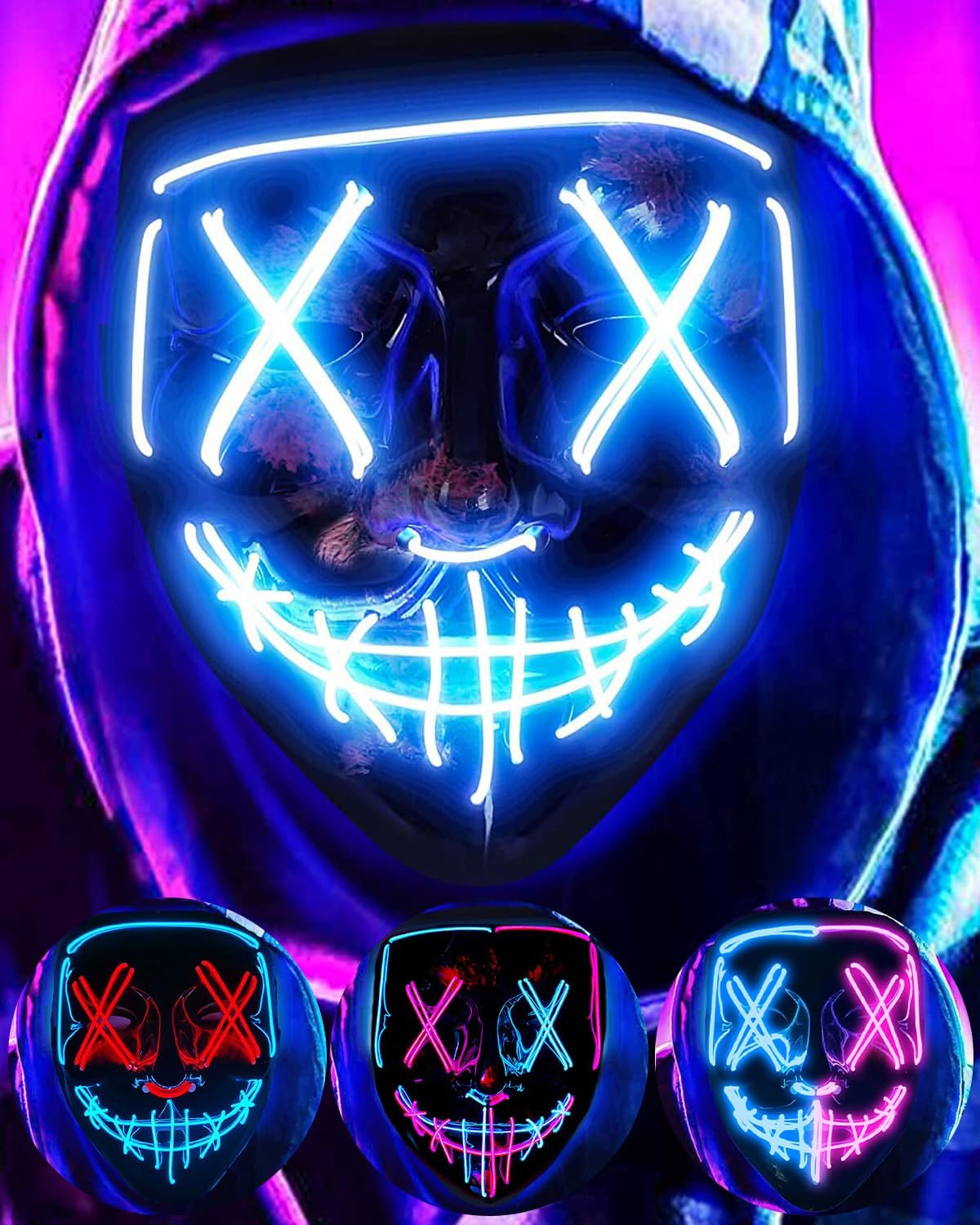 Detalle de DWTECH LED Halloween Mask, Ice Blue and Pink, 3 Light Modes