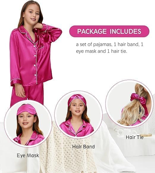 Detalle de ALHAVONE Kids Satin Pajama Set, Long-Sleeve Button-Down Top, Sizes 5–12 Years