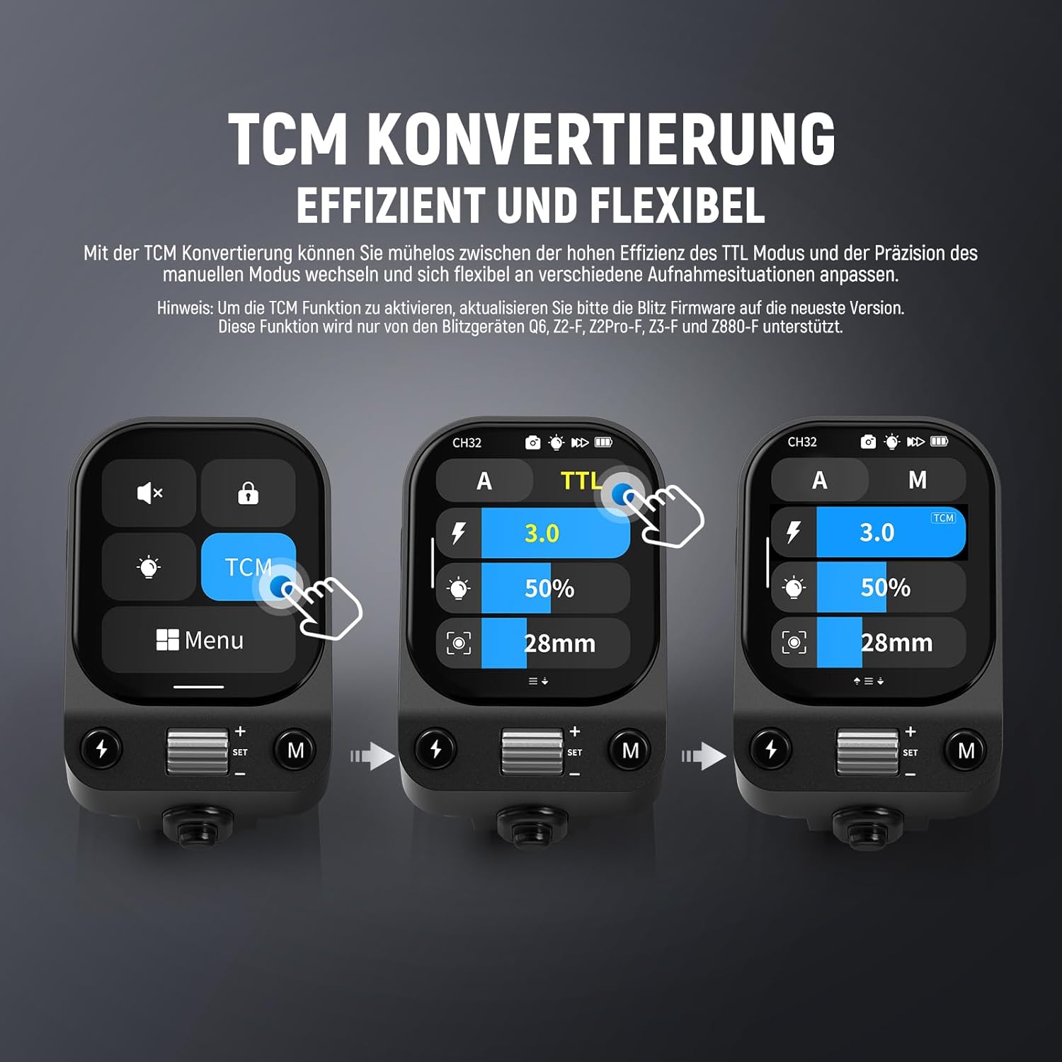 Detalle de NEEWER QZ-F TTL Funk-Blitzauslöser für Fujifilm Kameras – OLED Touch, HSS 1/8000s, 1000mAh Akku