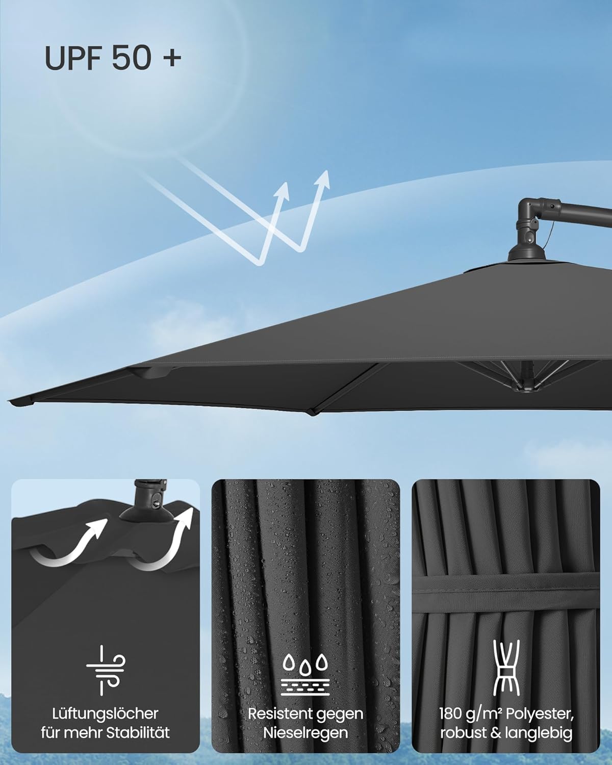 Thumbnail 2 de SONGMICS Ampelschirm 300 cm mit Ständer, UV-Schutz UPF 50+ und Kurbel (GPU116G01) – grau