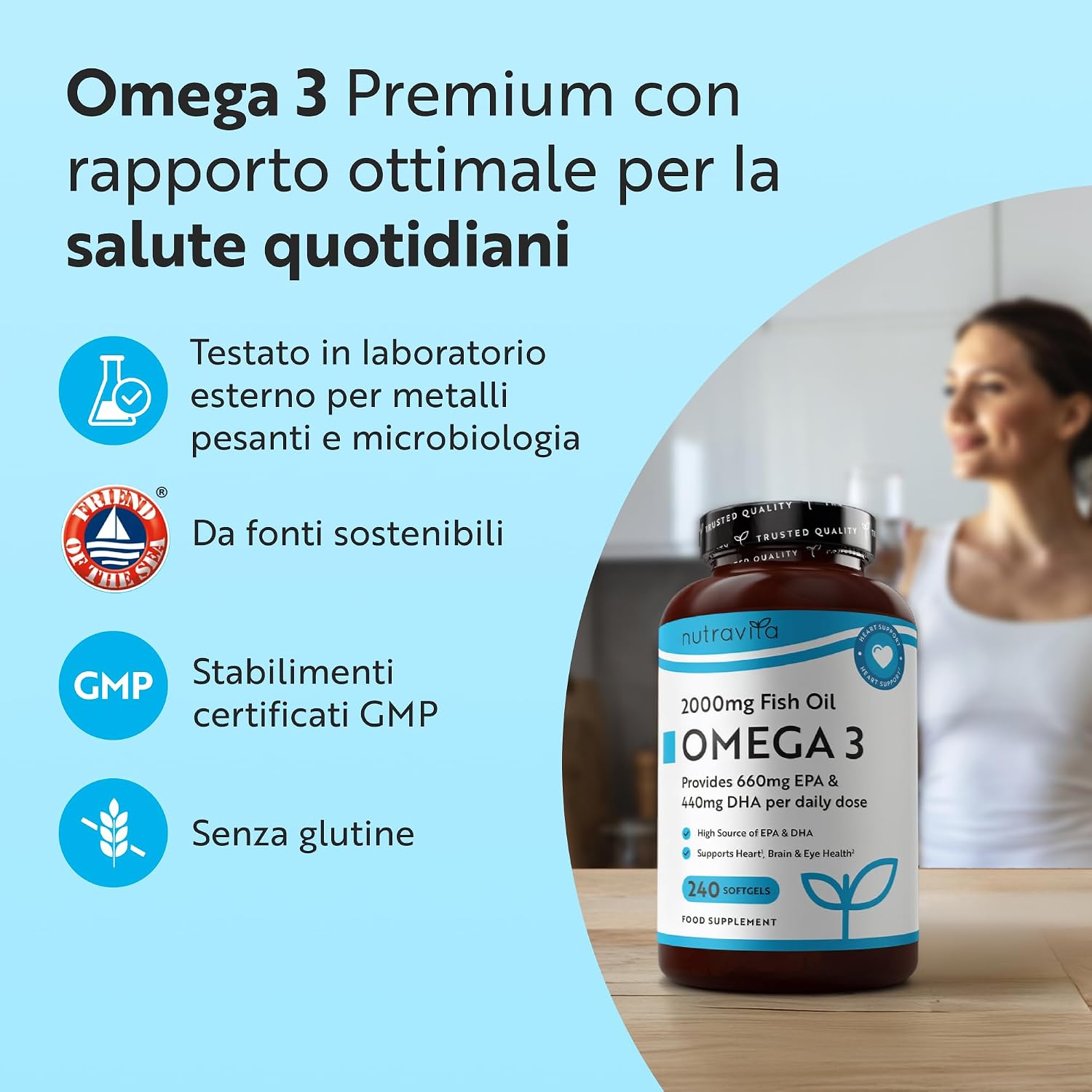 Detalle de Nutravita Omega 3 2000mg con EPA 660mg e DHA 440mg | Formula ad alta concentrazione per cuore, vista e funzione cerebrale