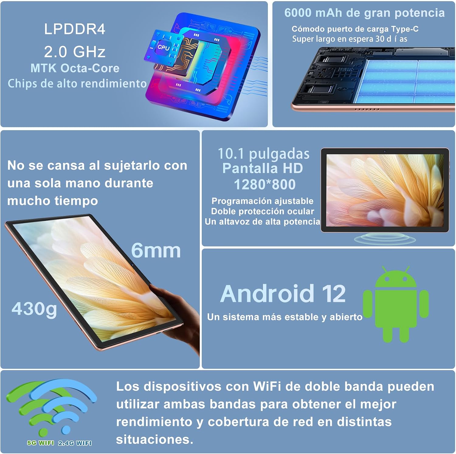Detalle de DMOAO Tablette 10 pouces Android avec Wi‑Fi double bande, 8 Go RAM + 64 Go ROM, expansion jusqu’à 1 To, Face ID, IPS 1280×800, 6000 mAh