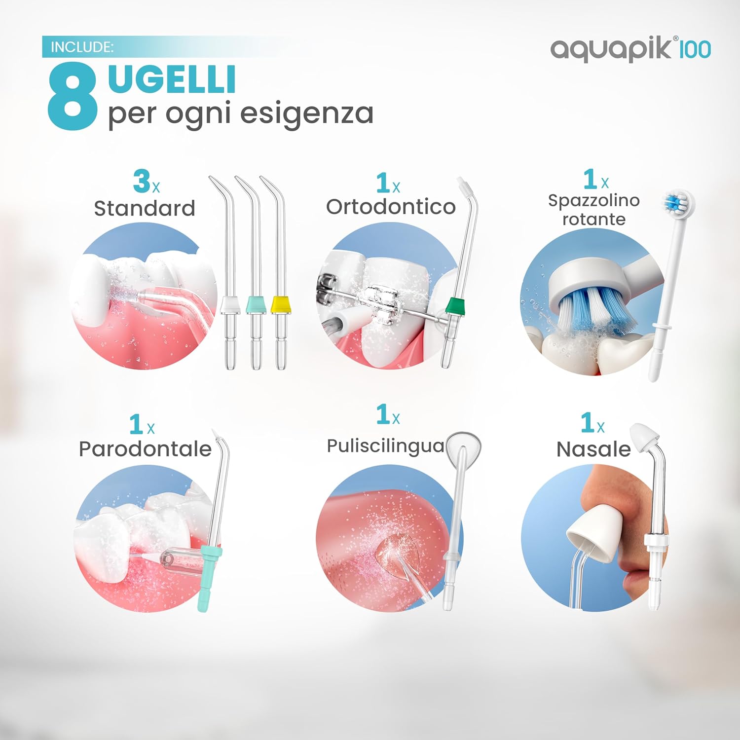 Detalle de Aquapik 100 Idropulsore Dentale Professionale – 8 ugelli e serbatoio 600 ml per una pulizia interdentale accurata
