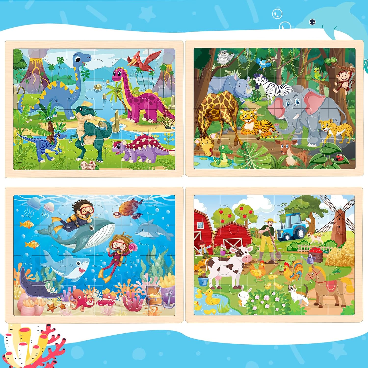 Detalle 2 de Wooden Animals Jigsaw Puzzles for Kids (Ages 3-6), 4 Packs with 24 Pieces Each