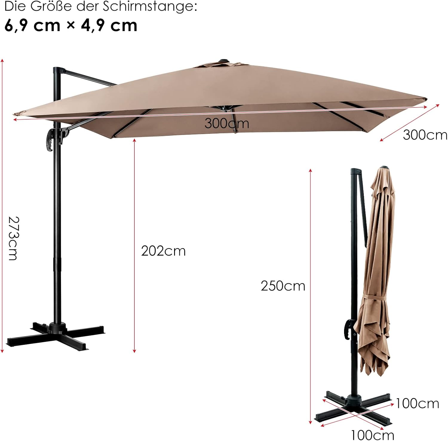 Thumbnail 5 de COSTWAY Sonnenschirm 300 x 300 cm quadratisch – Ampelschirm mit Kurbel, 360° drehbar, braun