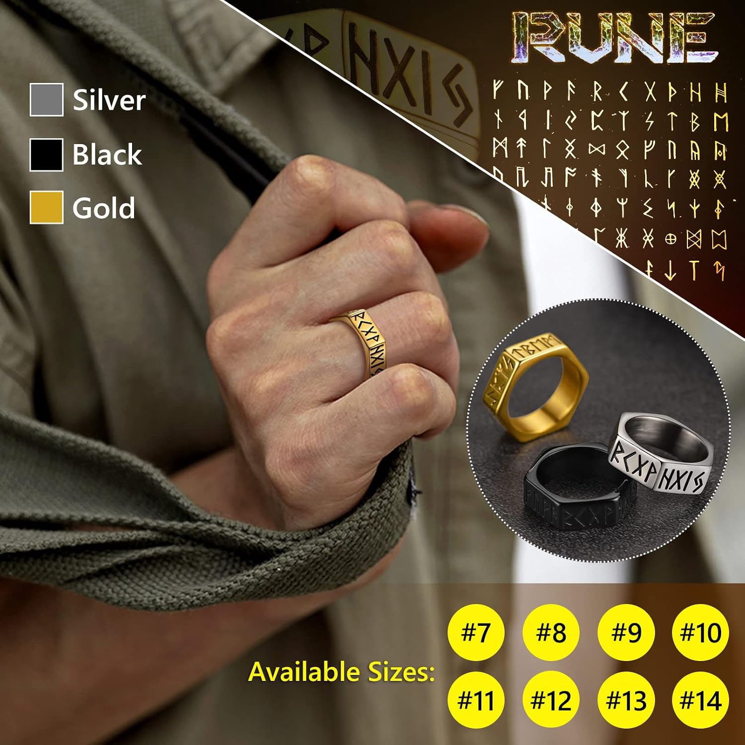 Detalle 2 de FaithHeart Anello Esagonale Rune Vichinghe in acciaio