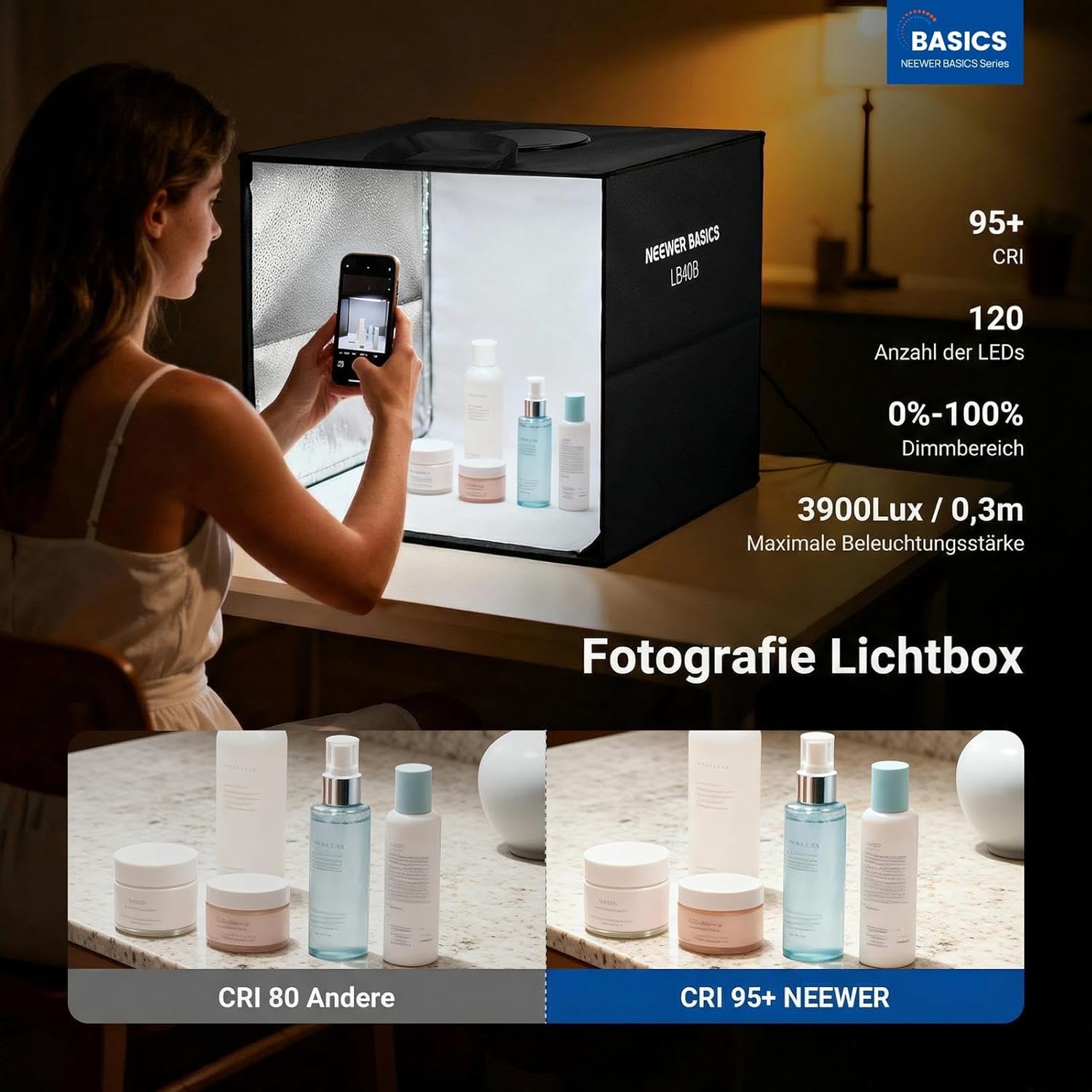 Thumbnail 1 de NEEWER BASICS Fotobox LB40B (40 x 40 cm) – zweifarbiges Lightzelt mit 6 Hintergründen, 120 dimmbare LEDs