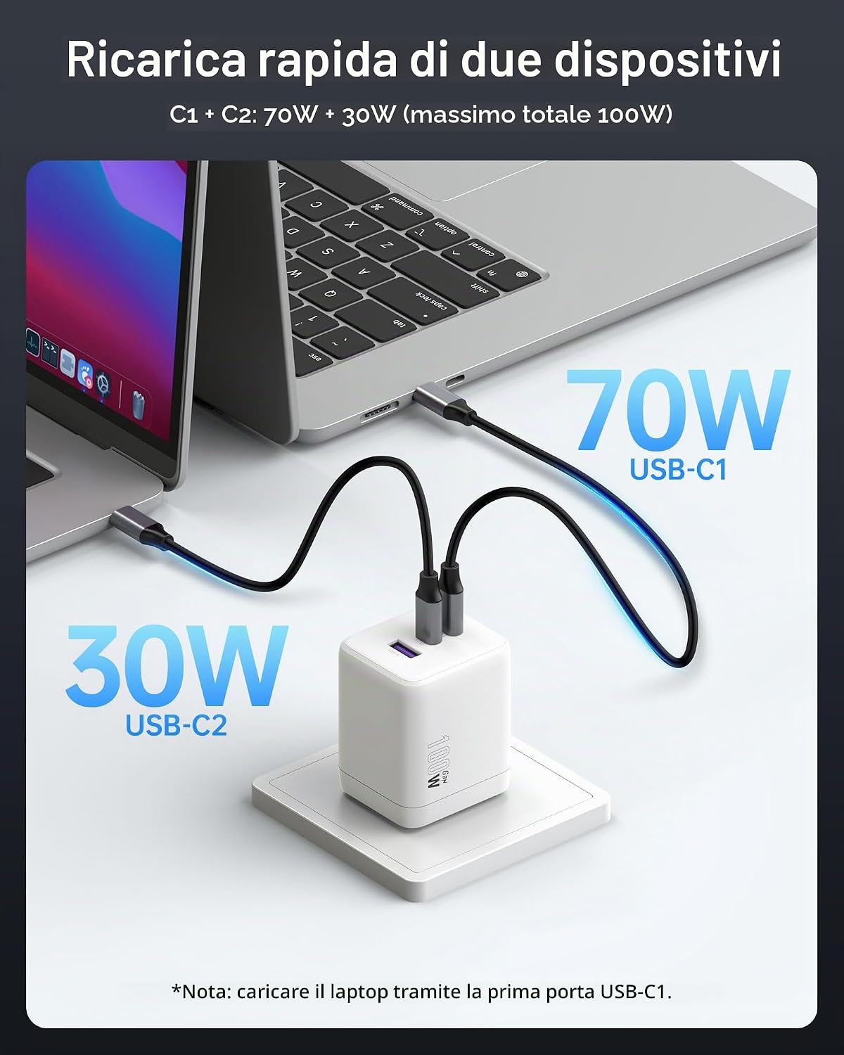 Detalle de NOVOO GaN 100W: Caricatore USB-C a 3 porte con cavo incluso