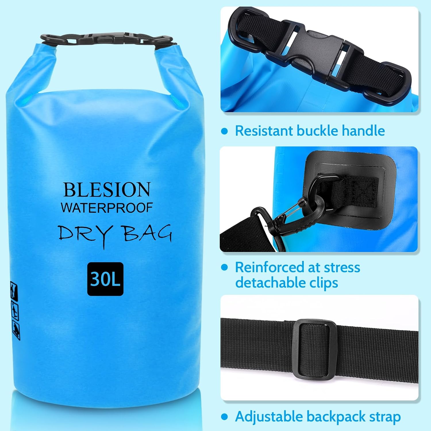 Detalle 2 de BLESION Dry Bag 5L–30L: Wasserdichte Tasche mit verstellbarem Schultergurt für Kajak, Camping & Reisen