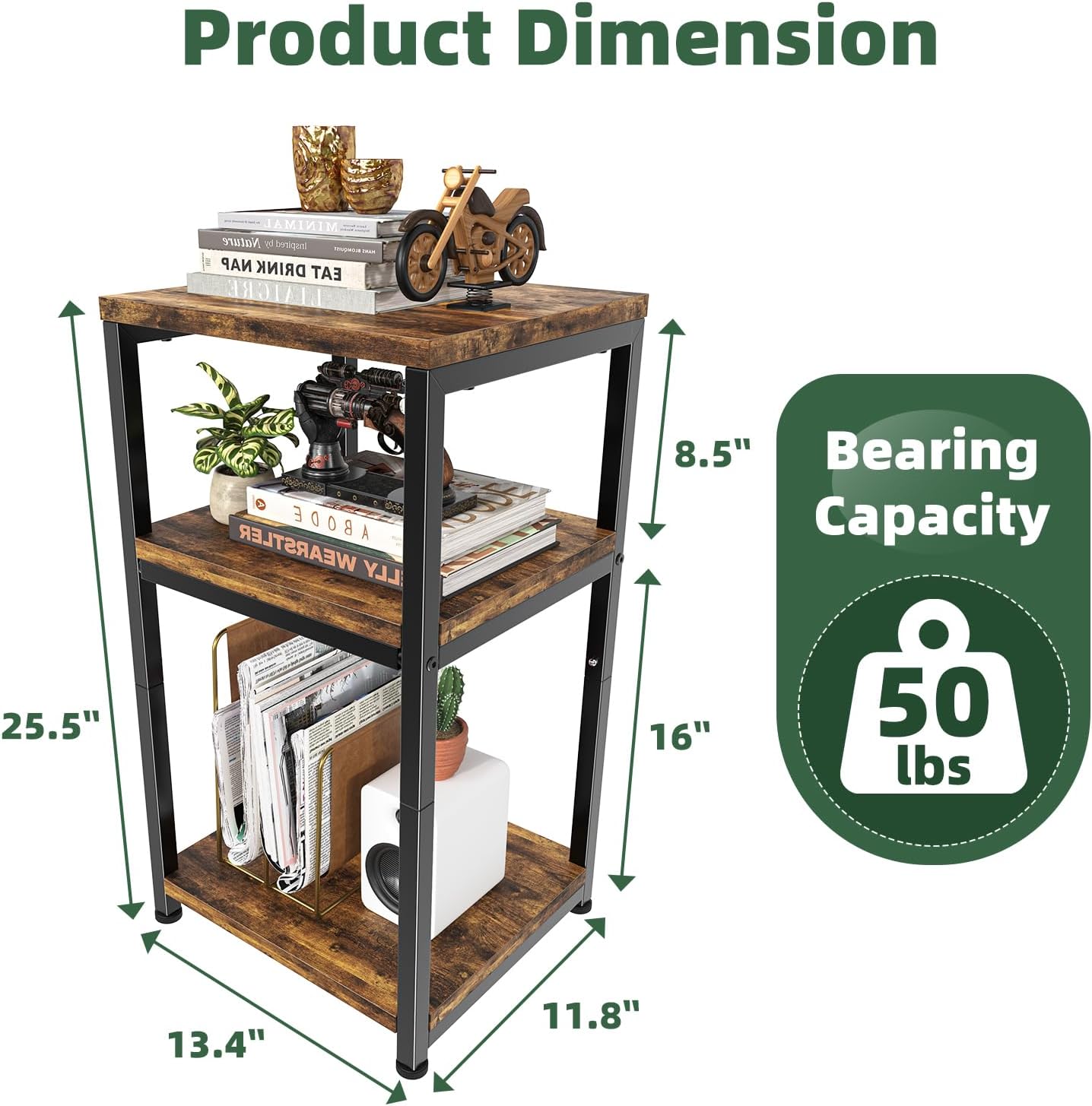 Thumbnail 2 de Simple Trending Side Table: Rustic Brown 3-Tier End Table for Small Spaces