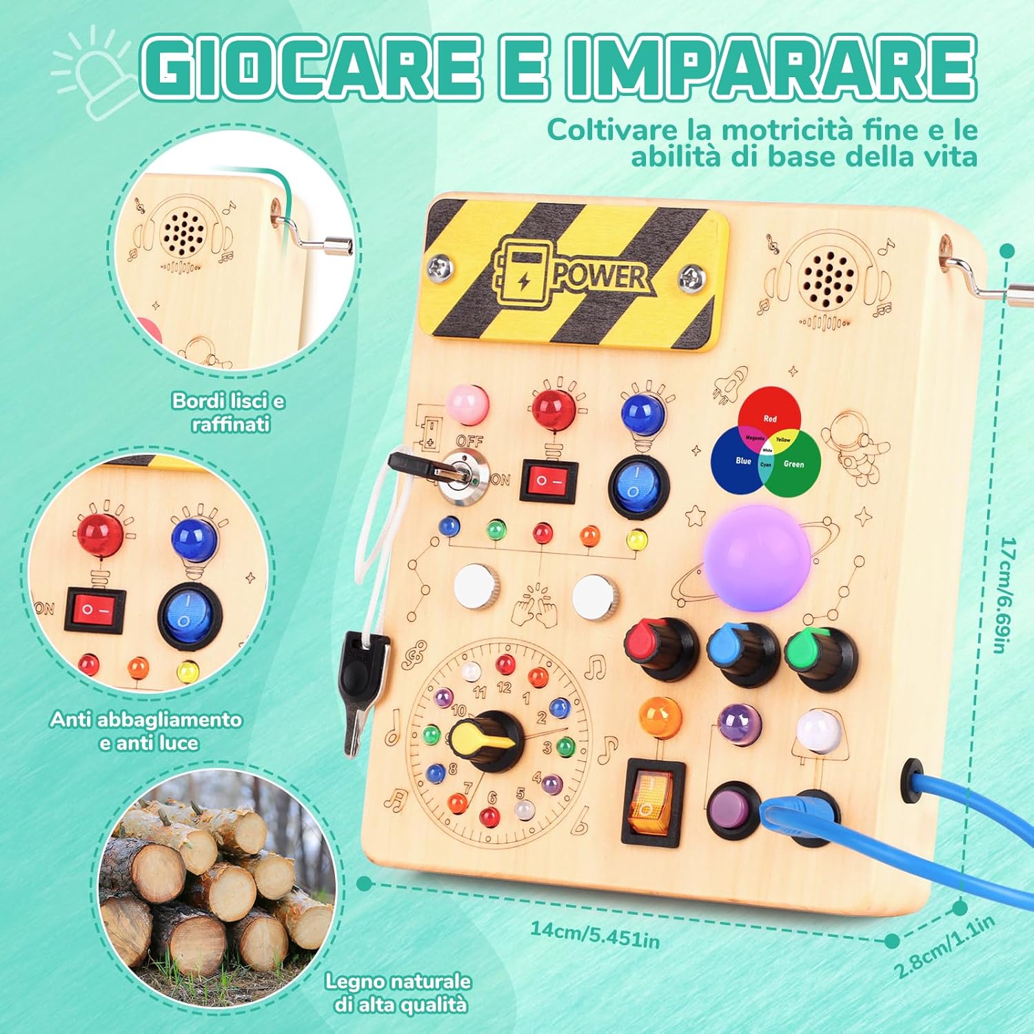 Thumbnail 3 de Giochi Montessori Busy Board in legno con 12 interruttori e 24 luci LED (carillon rotante e colori)