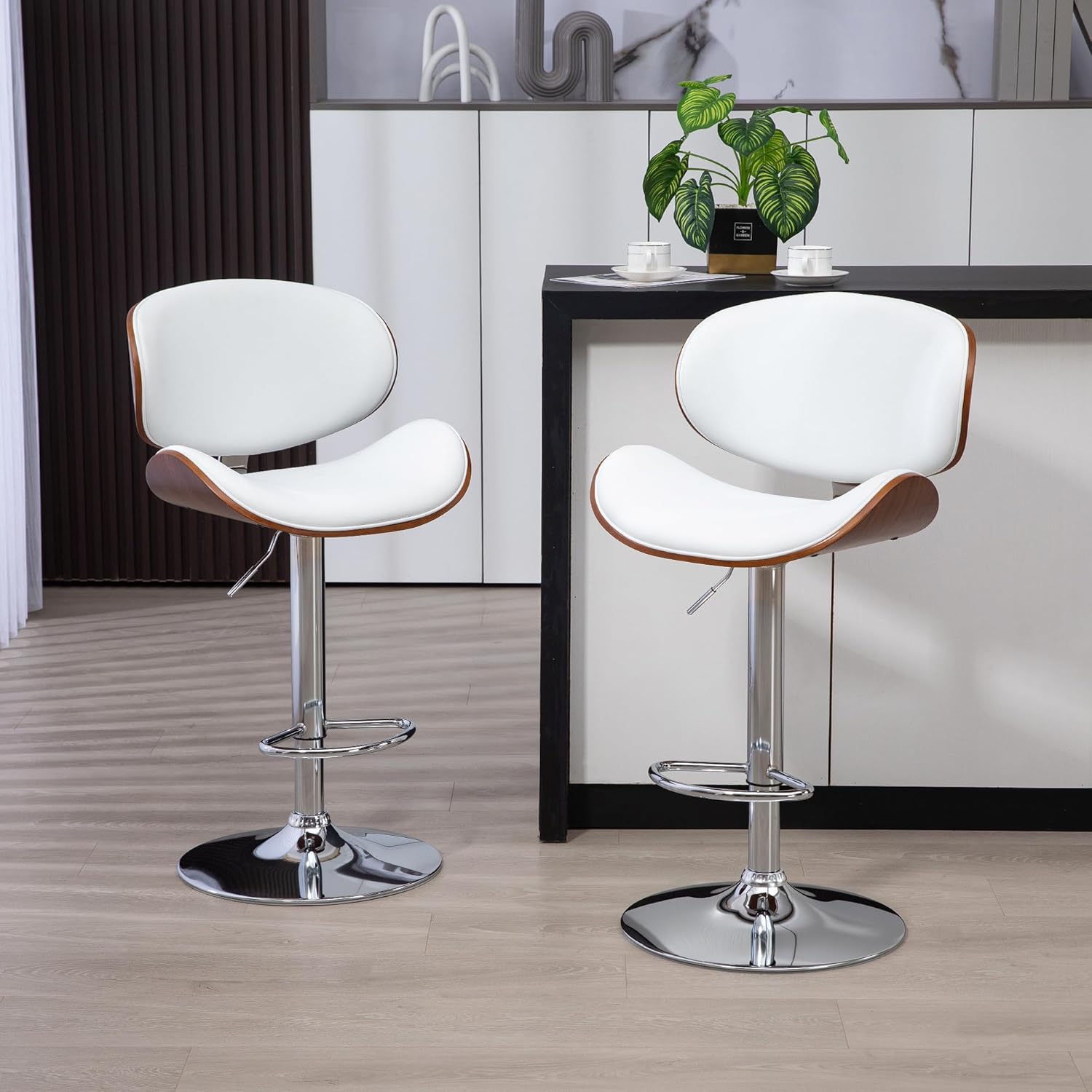 Thumbnail 1 de HOMCOM Lot de 2 tabourets de Bar Chaise de Cuisine avec Dossier – régle bassement et pivotants, blanc