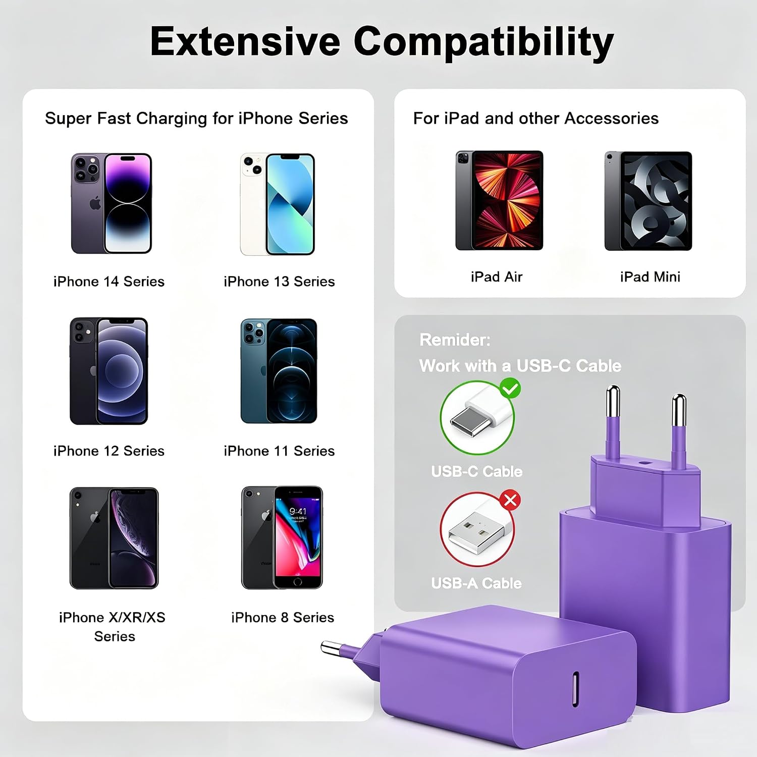 Detalle de Chargeur Rapide iPhone 14/13 Pro Max, 4-Pack | Chargeur mural USB-C PD 20W + Câble Lightning 2m (Apple MFi) violet