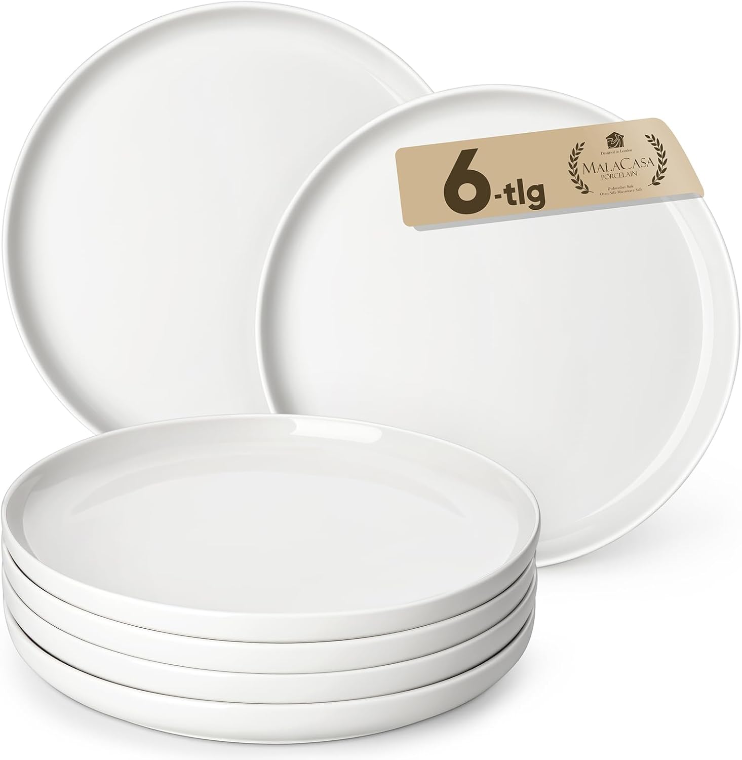 MALACASA LUNA Groß-Teller-Set für 6 Personen, weißes Porzellan Ø 26 cm