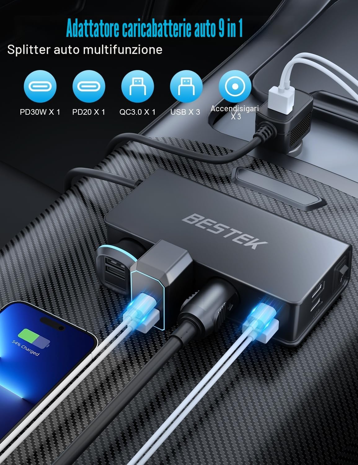 Thumbnail 1 de BESTEK Caricatore Auto 180W 9in1 USB-C PD QC3.0