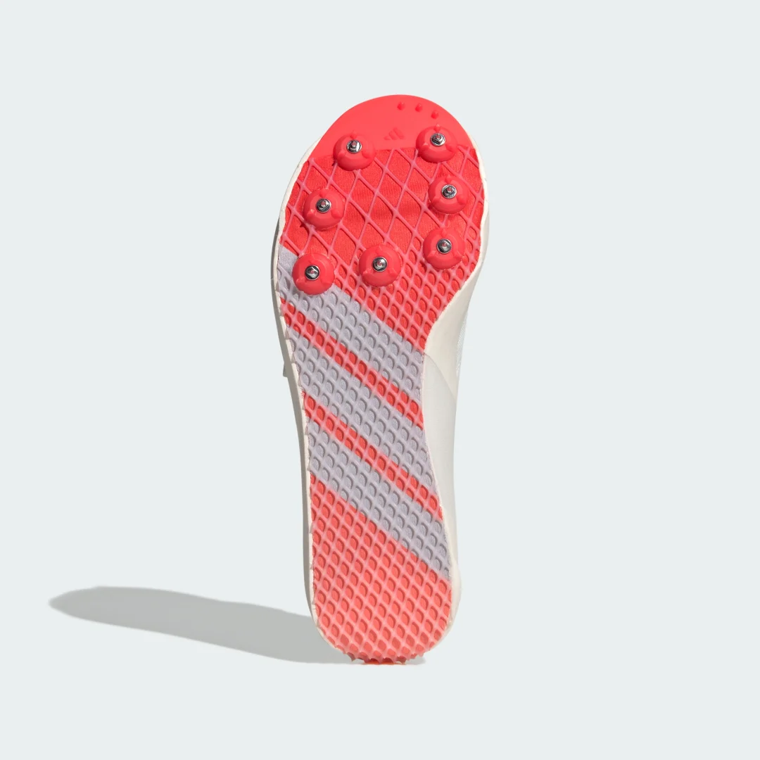 Detalle de Adizero TJ/PV de Adidas: zapatilla de atletismo en blanco para competición y entrenamientos