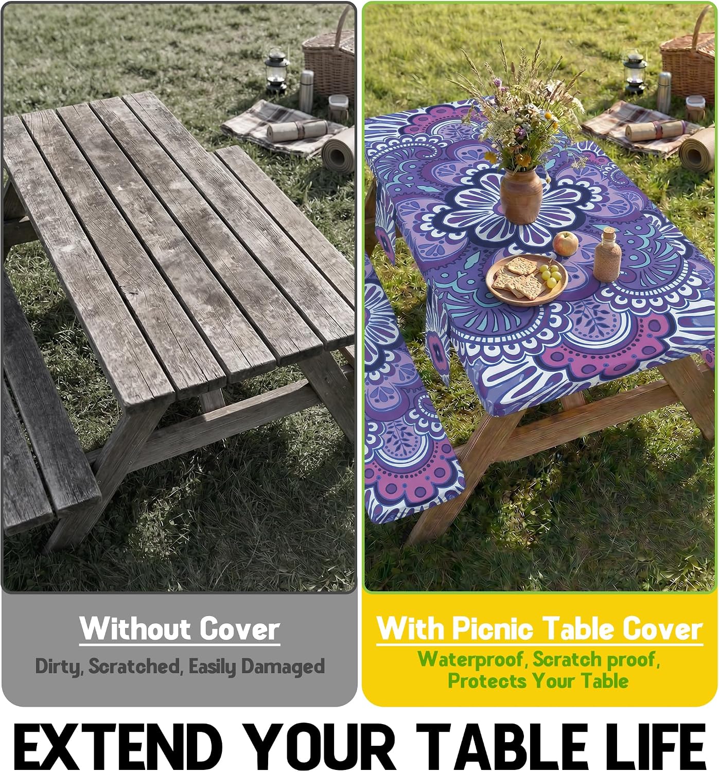 Detalle 2 de Wrakus ZB2-5-230-S Picnic Table Cover Set, Purple Mandala, Waterproof Polyester