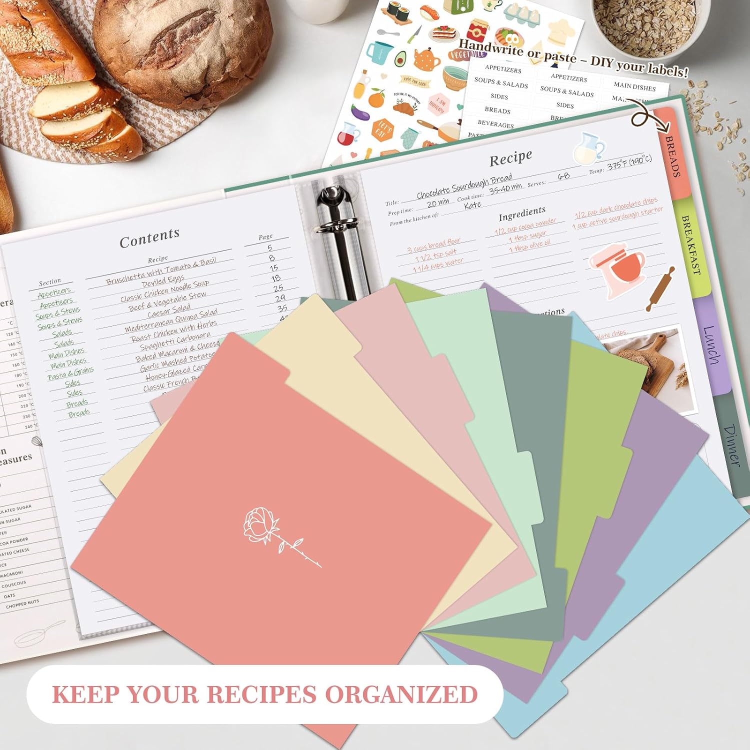 Detalle 2 de Lanpn Recipe Binder, 8.5 x 11, 3-Ring Organizer with 60 Sleeves, Pink