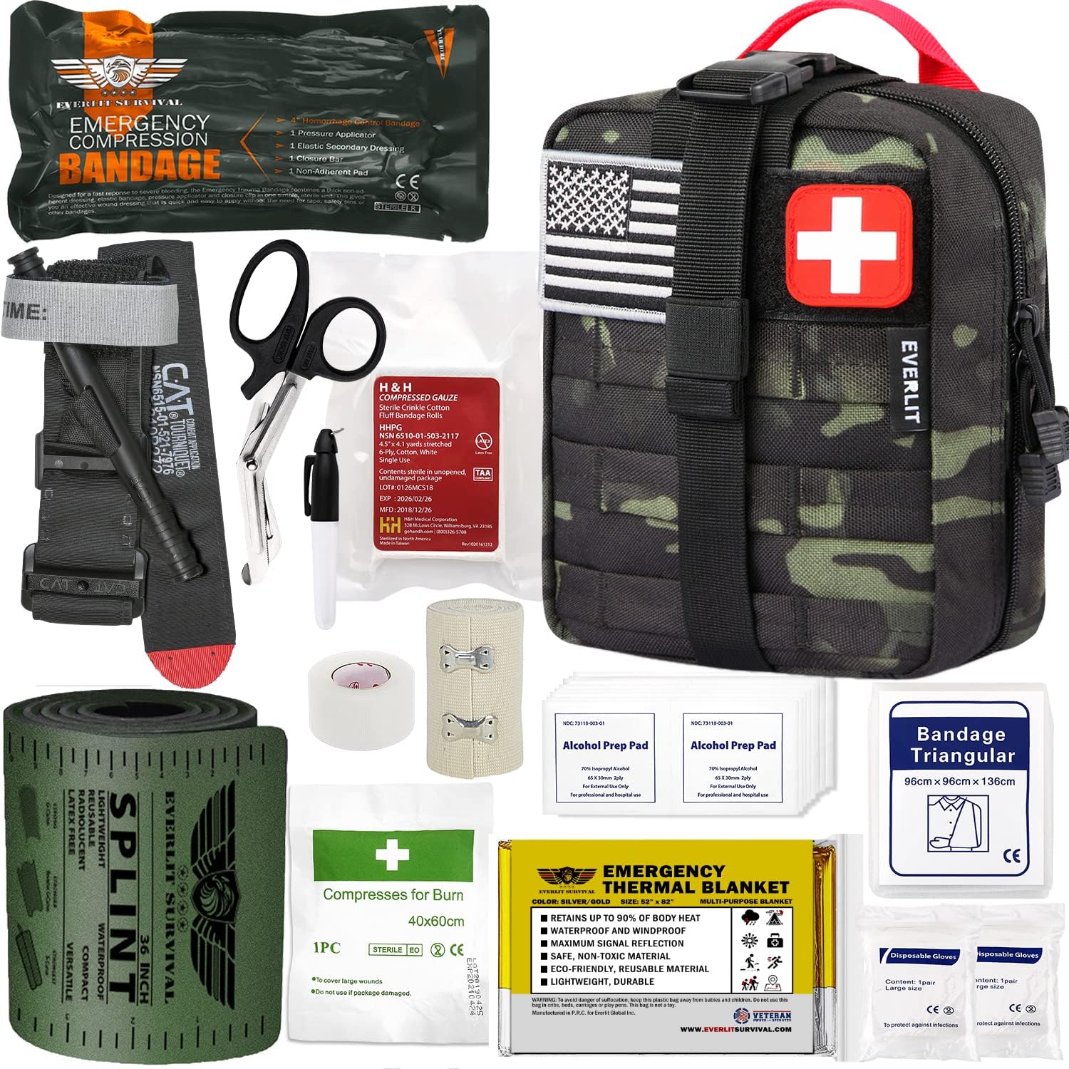 Detalle de EVERLIT Emergency Trauma Kit with CAT GEN-7 Tourniquet, 36-Inch Splint, Black Camo