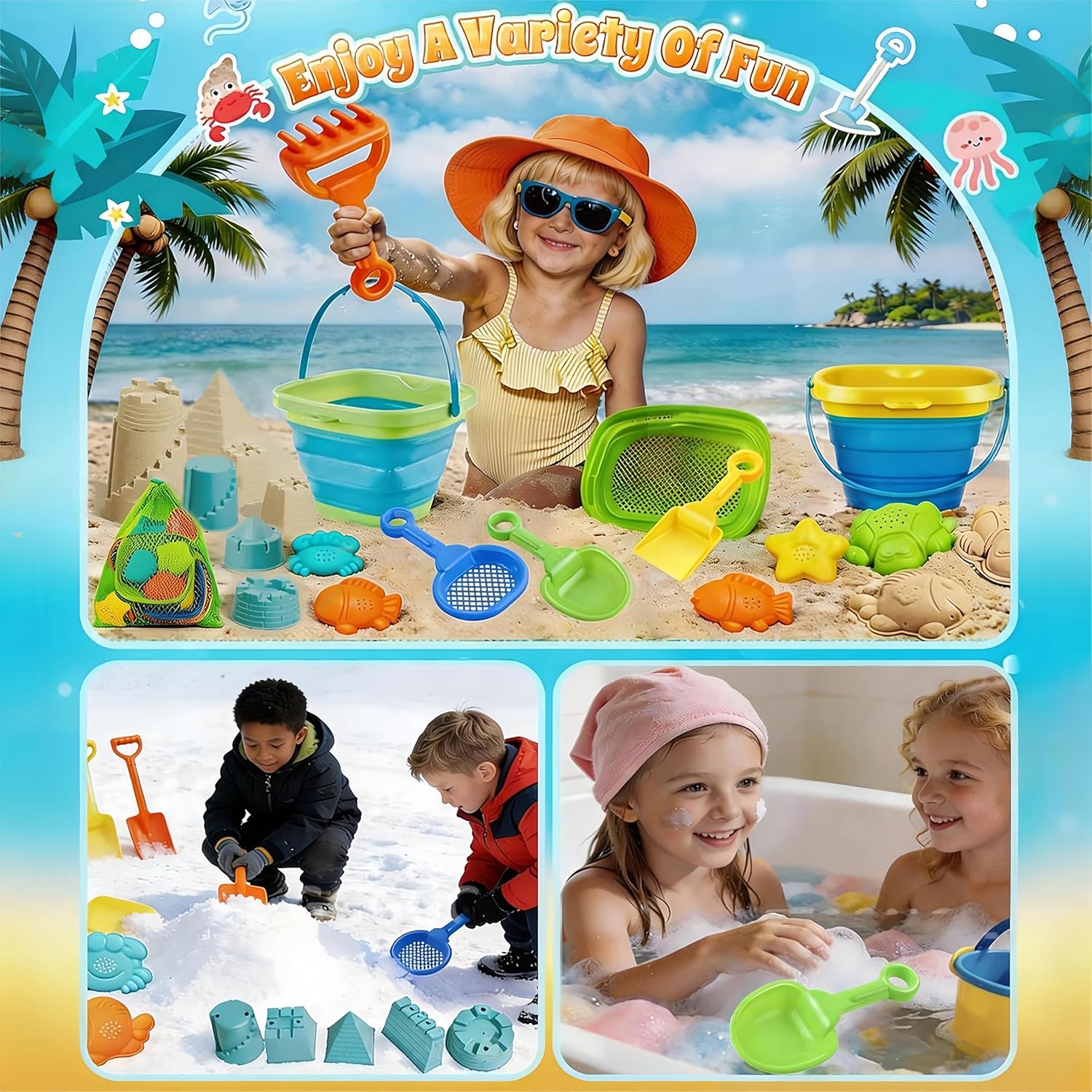 Detalle de FLEXTRIX Sandspielzeug-Set (19-teilig) mit faltbaren Eimern, Sieb und Strandformen – Strand- & Reisespielzeug ab 3 Jahren