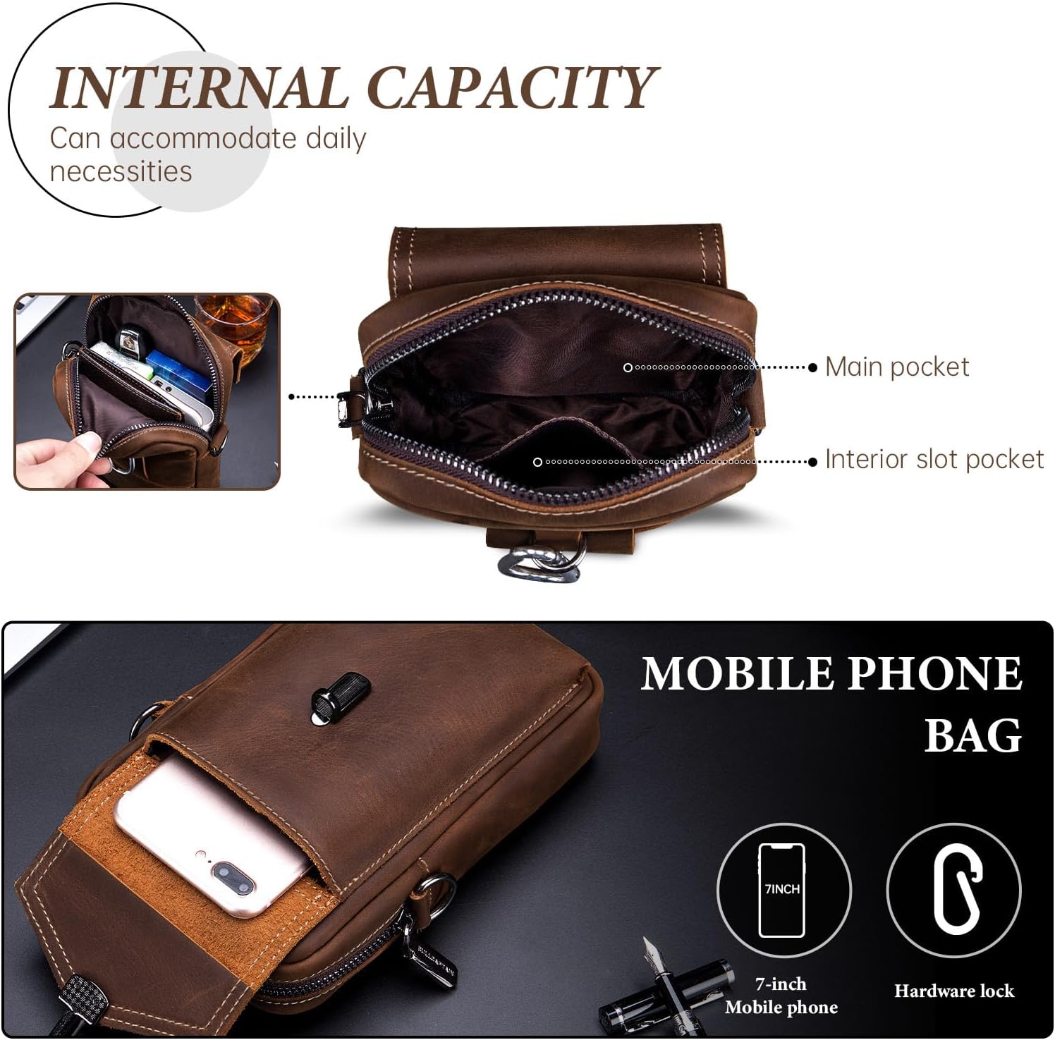 Thumbnail 3 de BAIGIO Sac banane randonnée en cuir pour homme – sacoche ceinture avec passant et poche téléphone