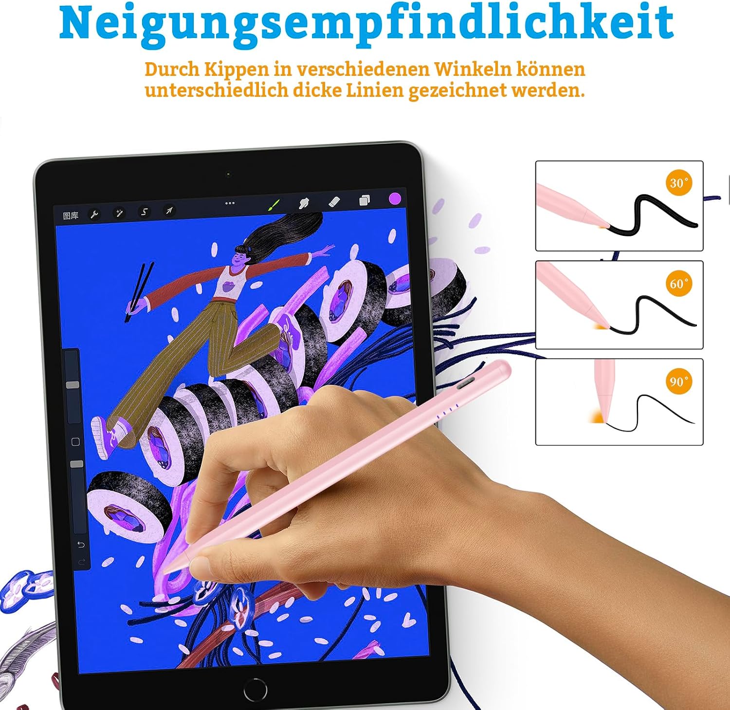 Thumbnail 5 de iPad Stift (Apple Pencil kompatibel) für iPad 2018–2025, mit Neigungssensor, Palm Rejection und Type‑C Schnellladung – Rosa