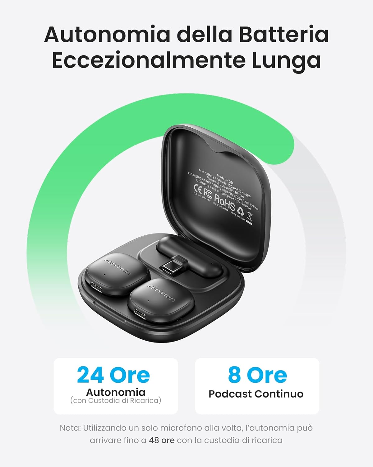 Thumbnail 1 de Vention mini microfono wireless per iPhone 17/16/15 Pro Max e Android (USB-C, Bluetooth, lavalier) con custodia di ricarica 24 ore