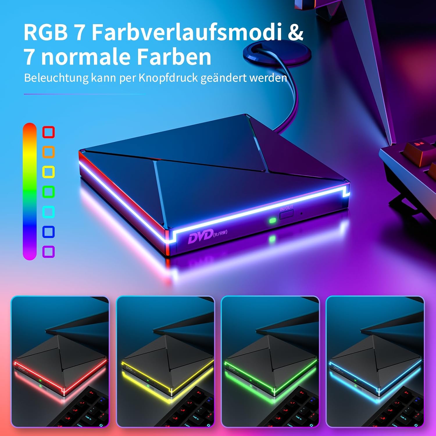 Thumbnail 5 de Umaniy externes CD/DVD-Laufwerk mit RGB, USB 3.0 & USB-C (DVD±RW, Plug & Play)