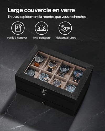 Thumbnail 6 de SONGMICS Boîte à Montres 8 Emplacements JOW008B01 – Écrin en bois avec couvercle en verre