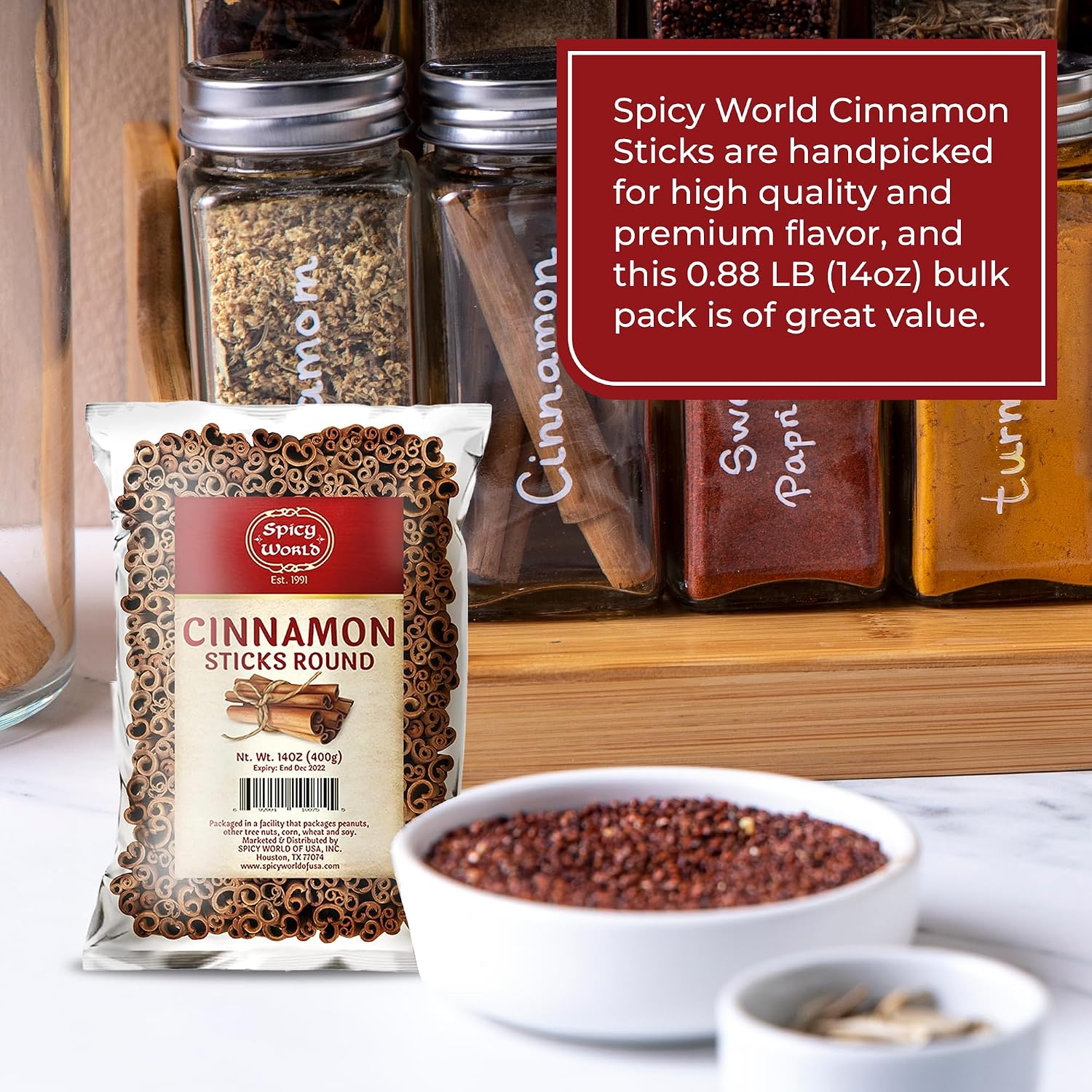 Detalle de Spicy World Cassia Cinnamon Sticks, 14 oz Bag, 3+ Inches, Vietnam-Sourced