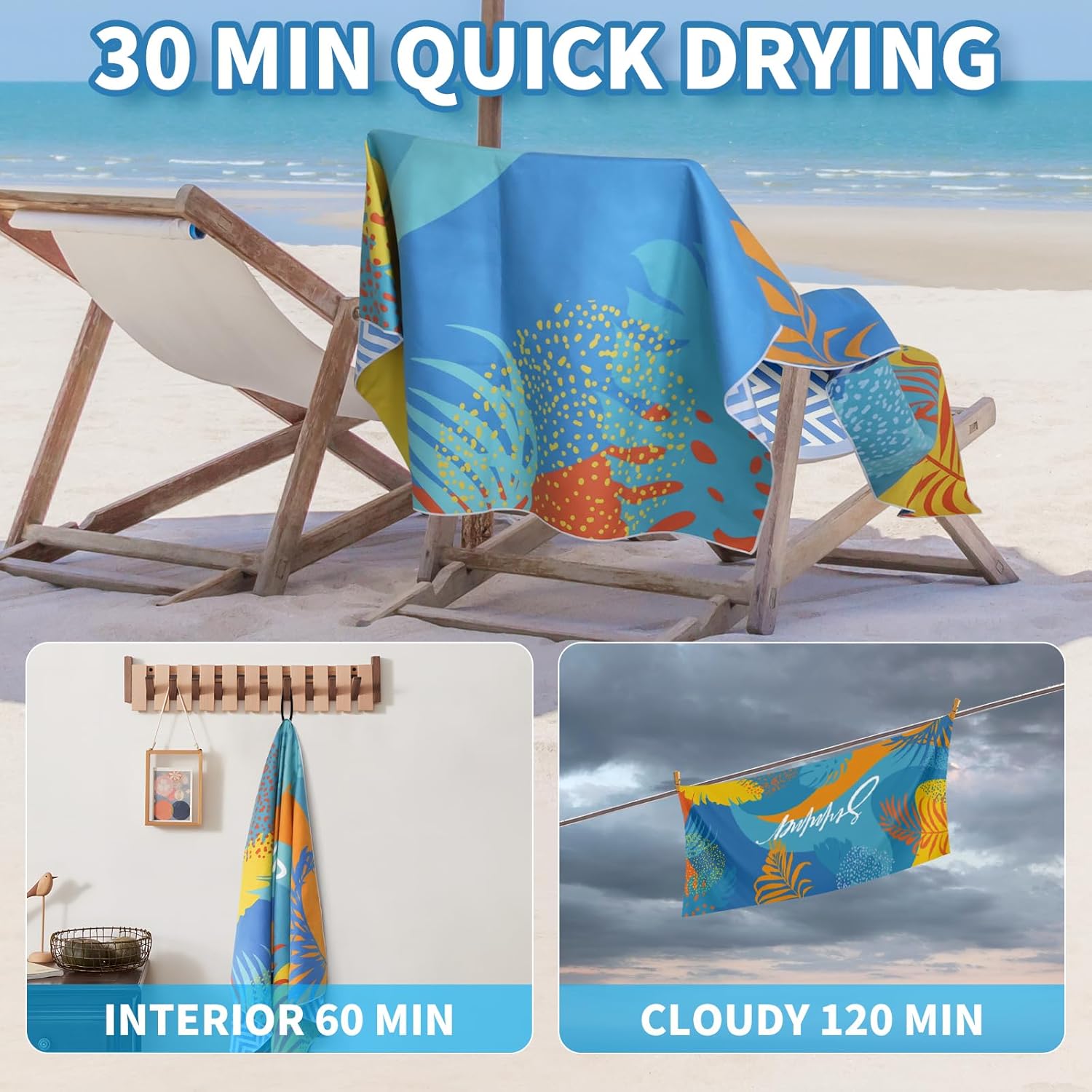 Thumbnail 5 de Startseite 200 x 90 cm Microfibre Towel – Large, Sand-Free & Quick-Drying with Storage Bag (Blue Stripe)