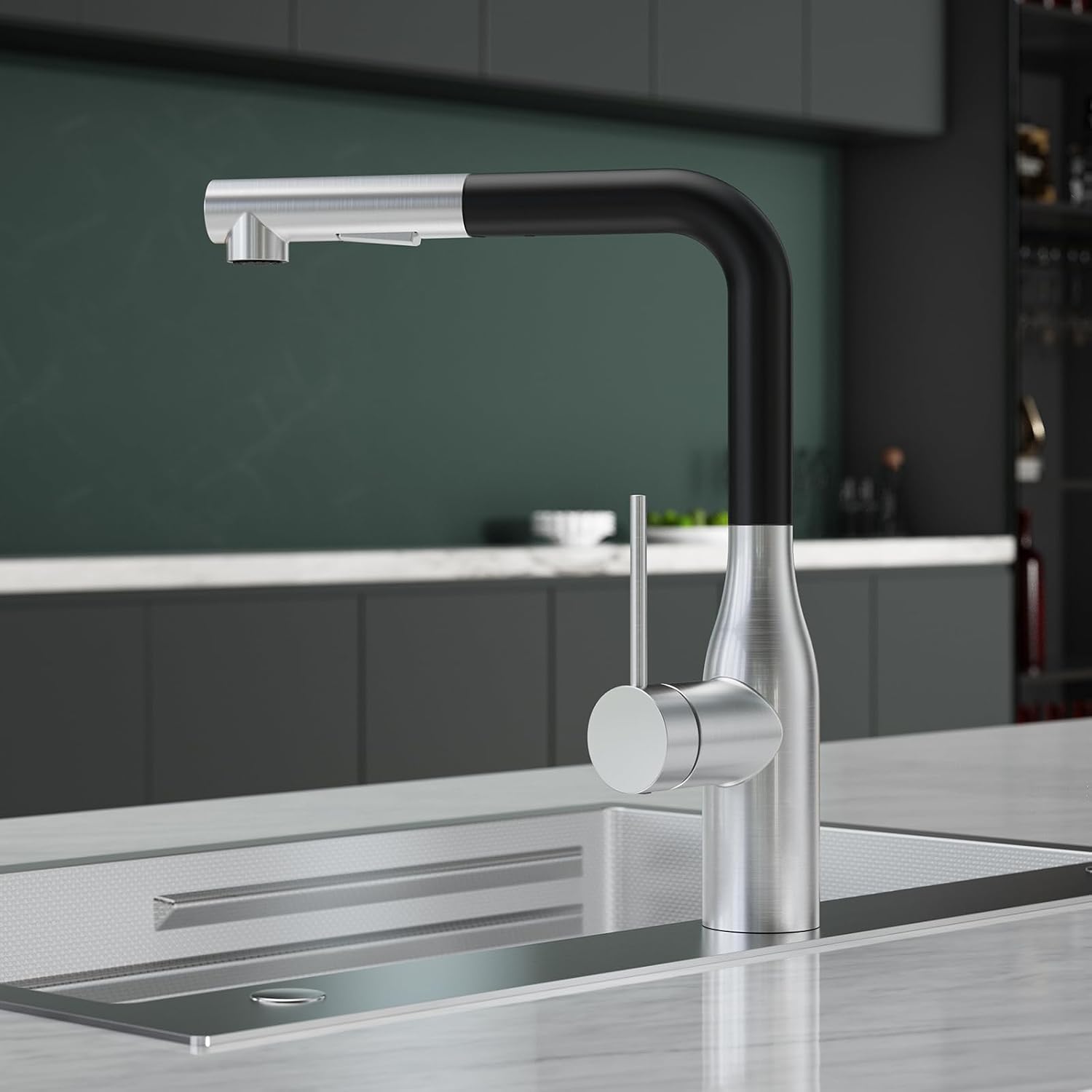 Detalle de CECIPA Rubinetto Cucina Estraibile da 40 cm in acciaio inox nero spazzolato con doccetta 360°