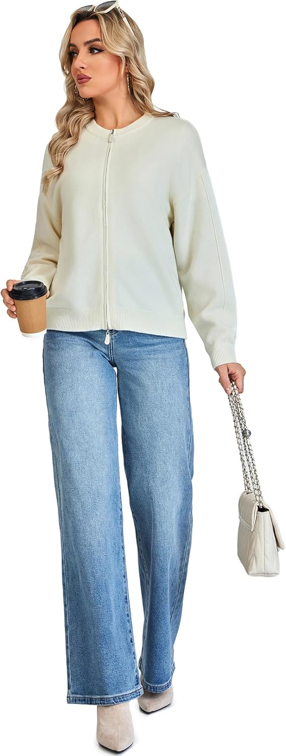 Thumbnail 5 de VETLURY Damen-Strickjacke aus 100% Merinowolle mit Doppelreißverschluss – Rundhals-Cardigan für die Übergangszeit