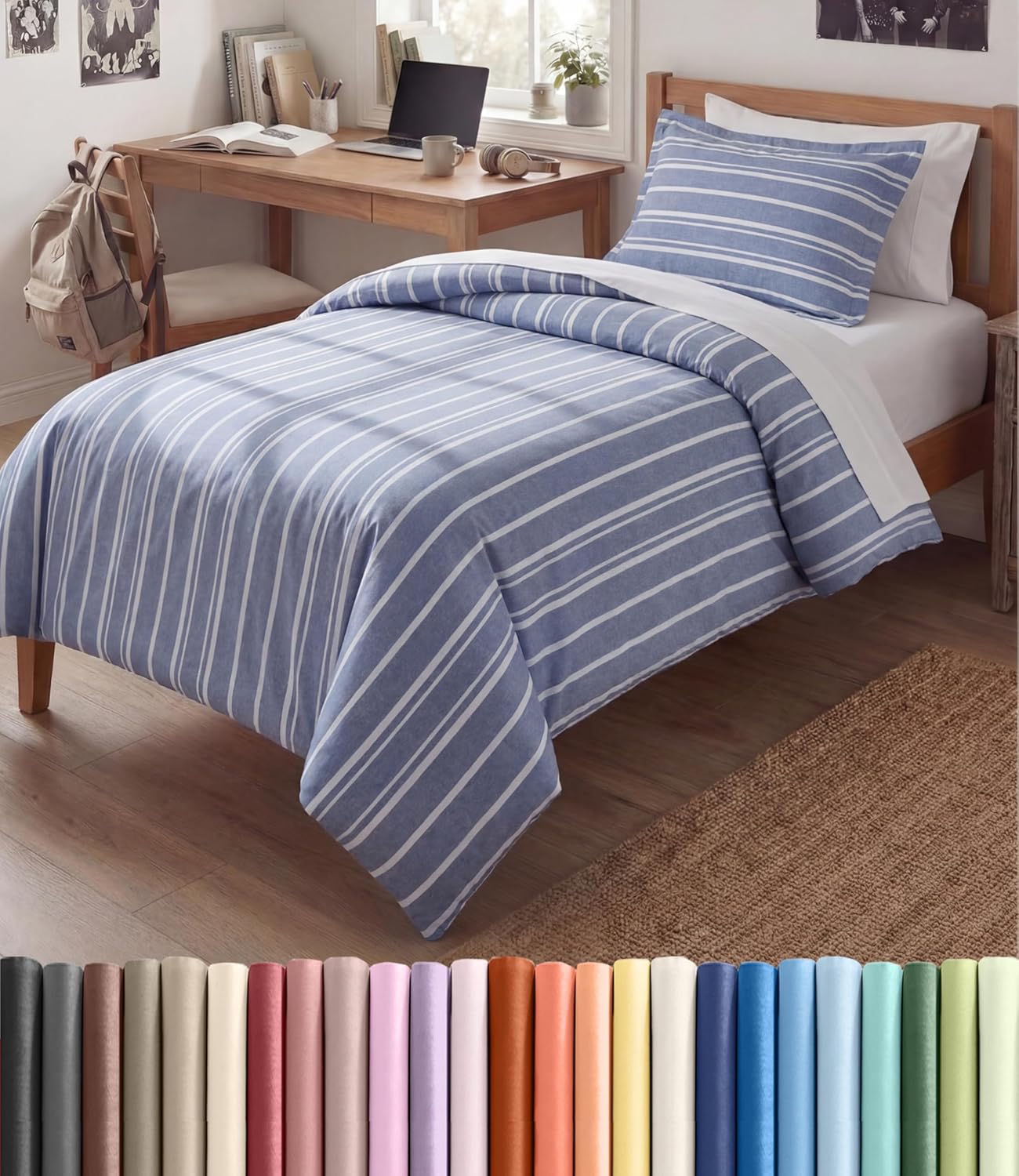 Detalle de Blue Stripes 3 Twin/Twin XL Duvet Cover (68" x 90") with Zipper Closure and Corner Ties