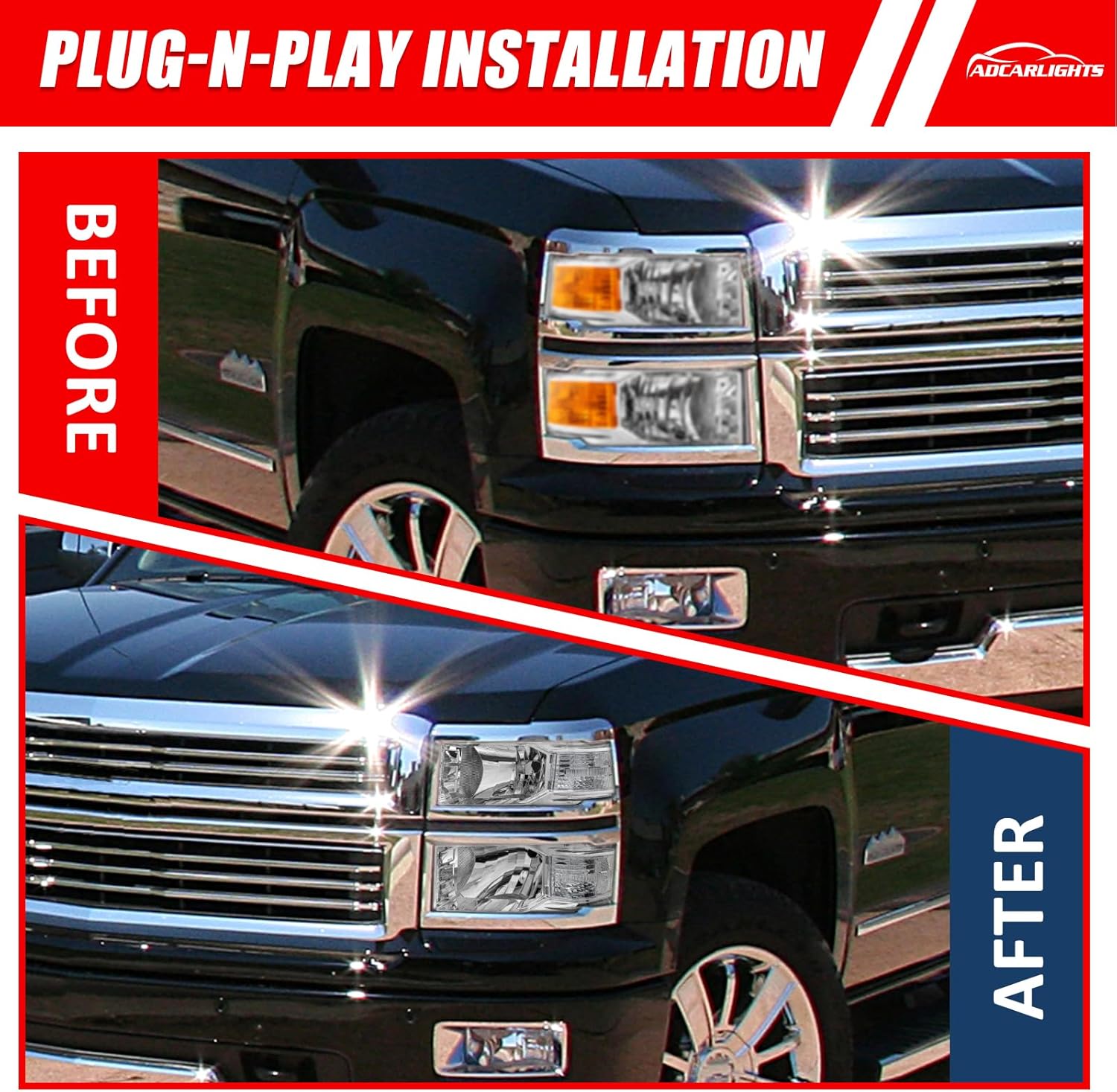 Detalle 2 de ADCARLIGHTS Headlight Assembly Pair for 2014–2015 Chevy Silverado 1500 (Chrome Housing, Clear Reflector) — Left & Right, W/O Bulbs