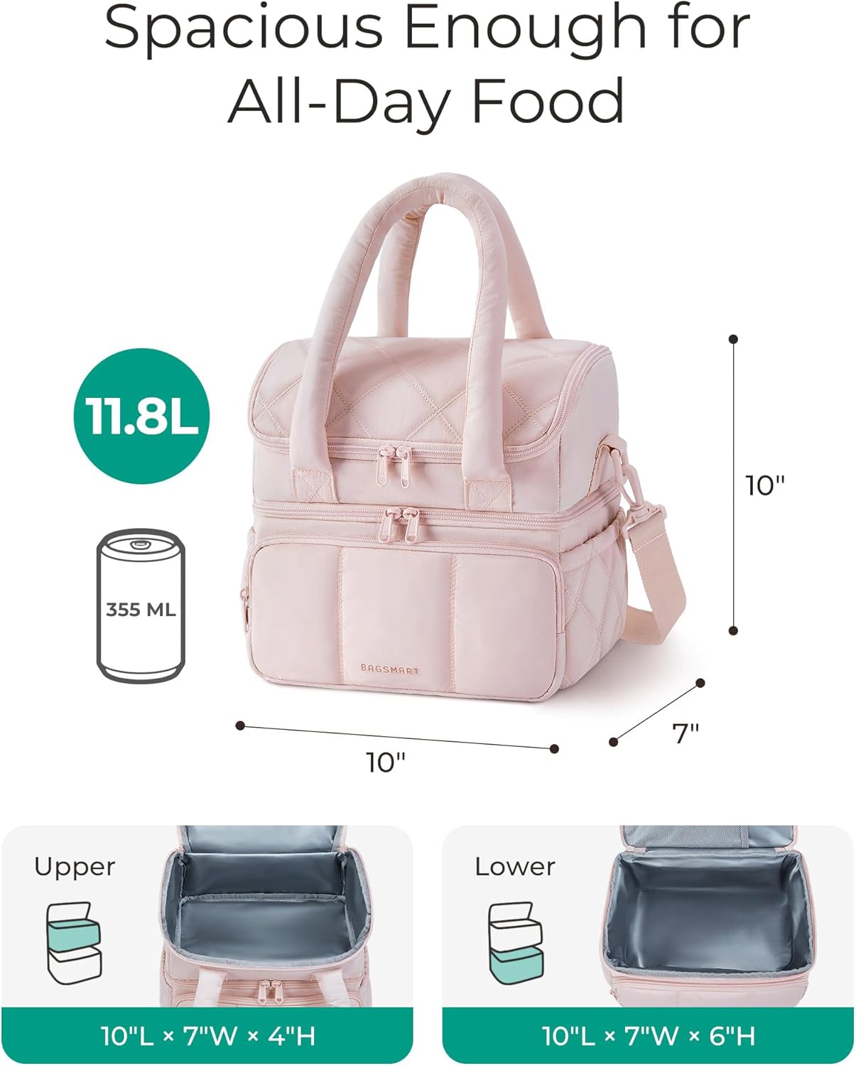 Thumbnail 3 de BAGSMART Double Deck Insulated Lunch Bag for Women (Quilted Puffer, Leakproof Cooler Tote) — Camel