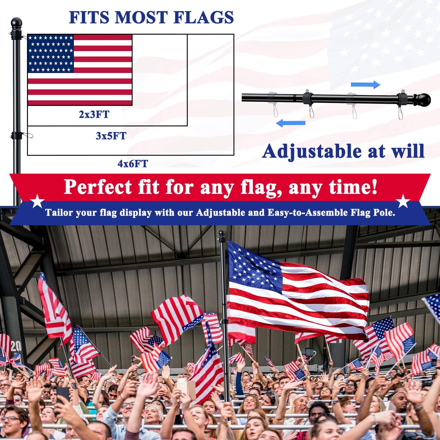 Detalle de PHITRIC PTFH-3045 Flagpole Kit, 5-Foot Black Stainless Steel with Bracket