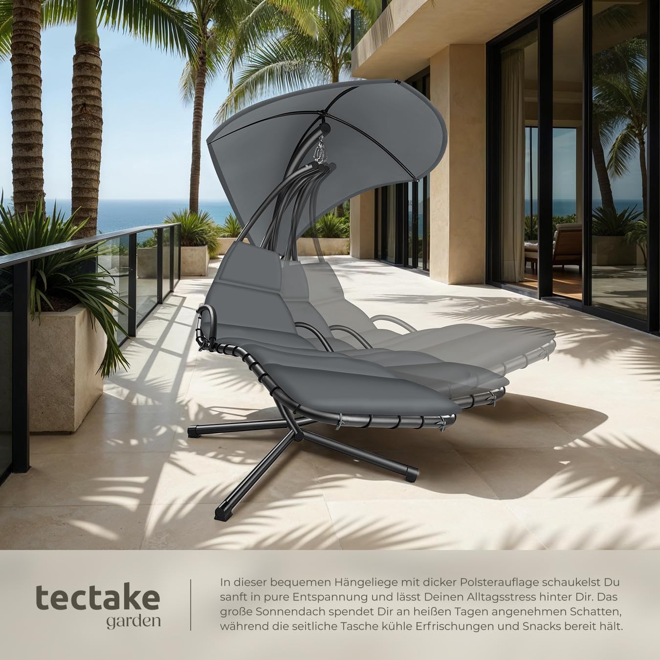 Detalle 2 de tectake® Hängeliege mit Gestell – Schwebeliege mit Sonnendach, Polsterauflage und Tasche