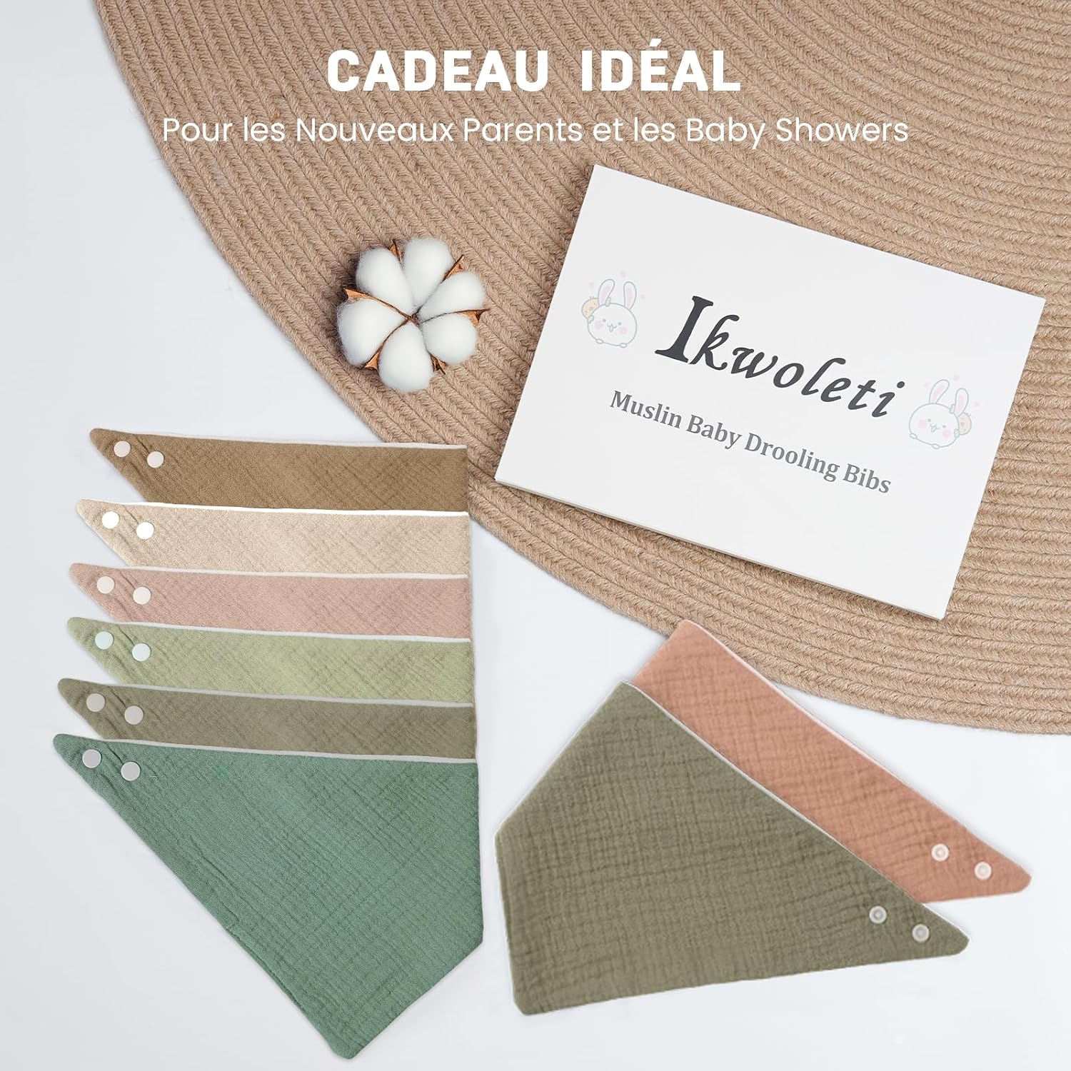 Thumbnail 5 de IKWOLETI Bavoirs Bébé Naissance Mousseline – Pack de 8 bandanas absorbantes et ajustables