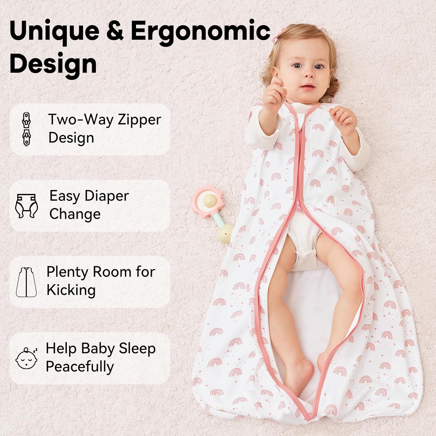 Thumbnail 3 de Unnivoll 3er Pack Schlafsack Baby Sommer 0.5 Tog 100% Baumwolle – 84 cm, Weiß/Rosa Regenbogen