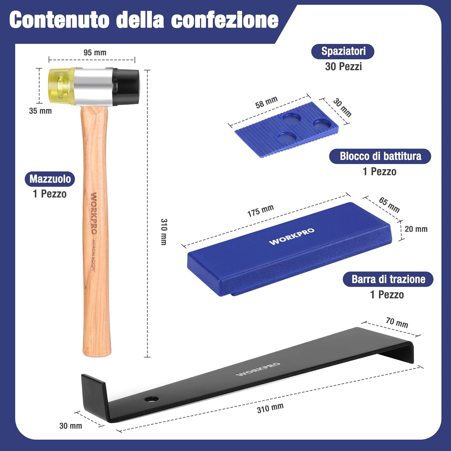 Thumbnail 1 de WORKPRO Kit pavimenti in laminato: martello rinforzato, barra di trazione, blocco per maschiatura e 30 distanziatori