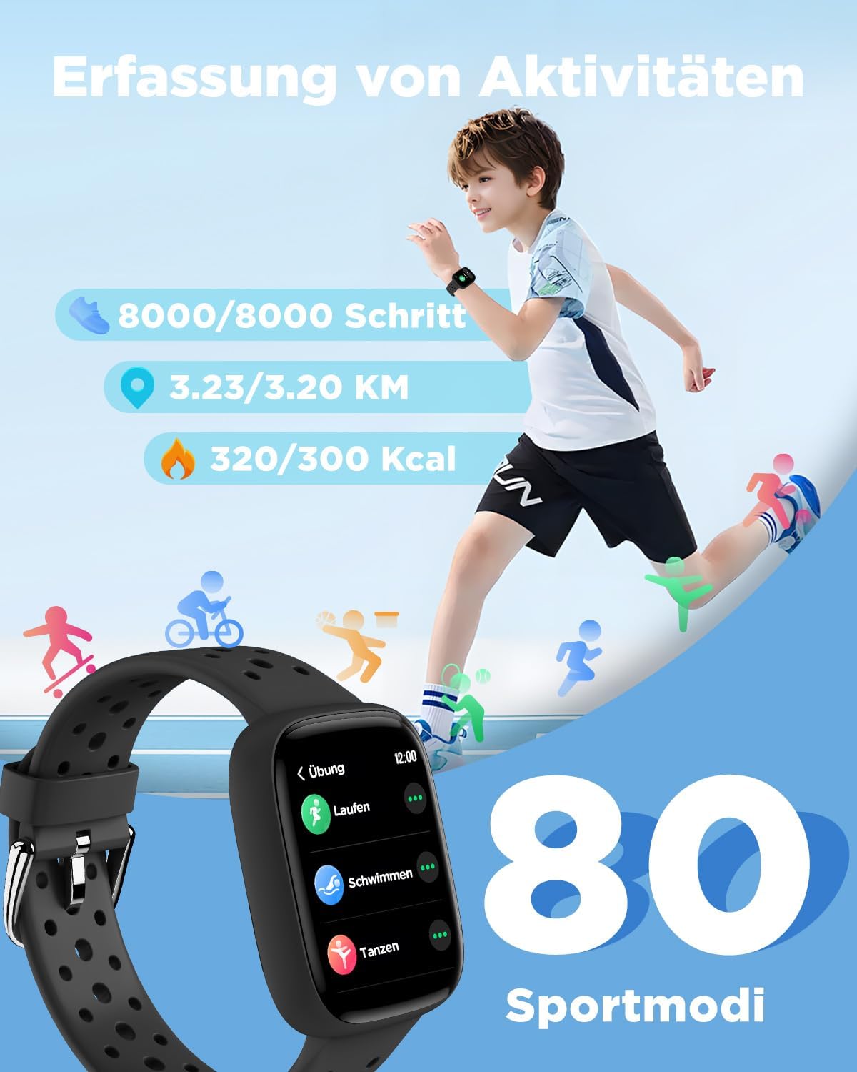 Detalle de BIGGERFIVE Smartwatch Kinder BRAVE 2 (1,8" Fitnessuhr) mit 24/7 Puls, Schlafmonitor & IP68