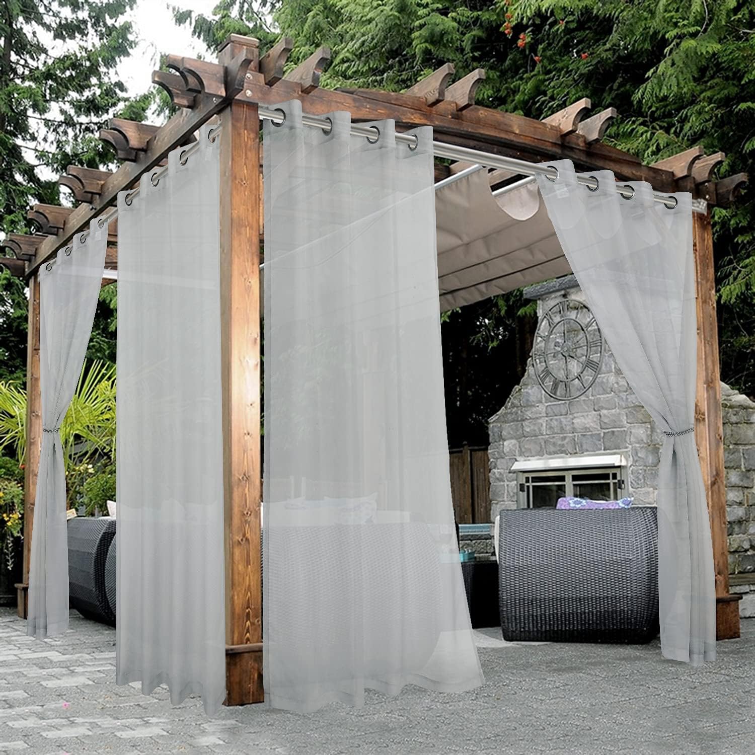 Detalle de BONZER 2 Waterproof Sheer Outdoor Curtains, 2 Panels, 54 x 108 in, Cloud Grey