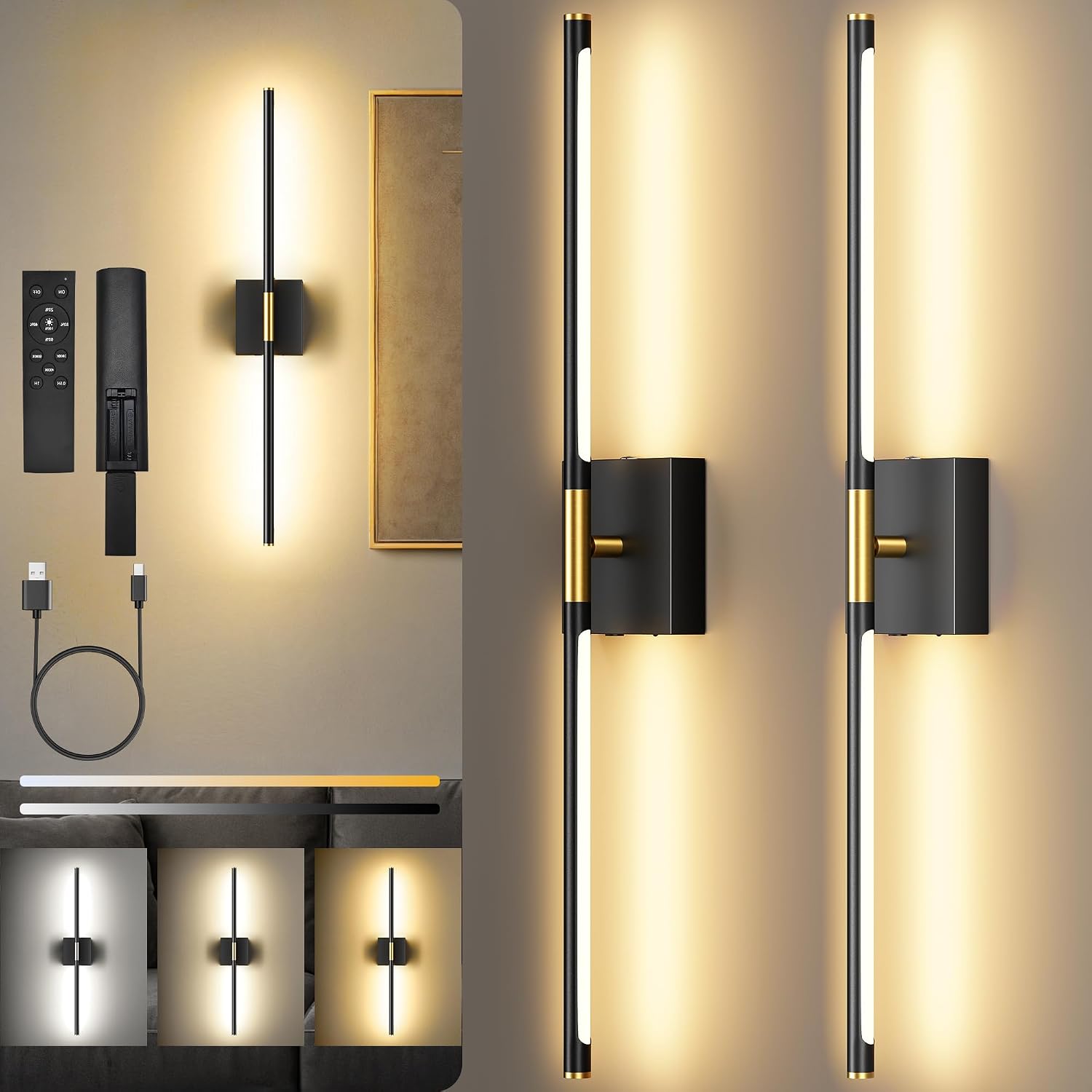 SyncGlow 29-Inch Rechargeable Wall Sconces, Set of 2, 3CCT, Remote, Black/Gold