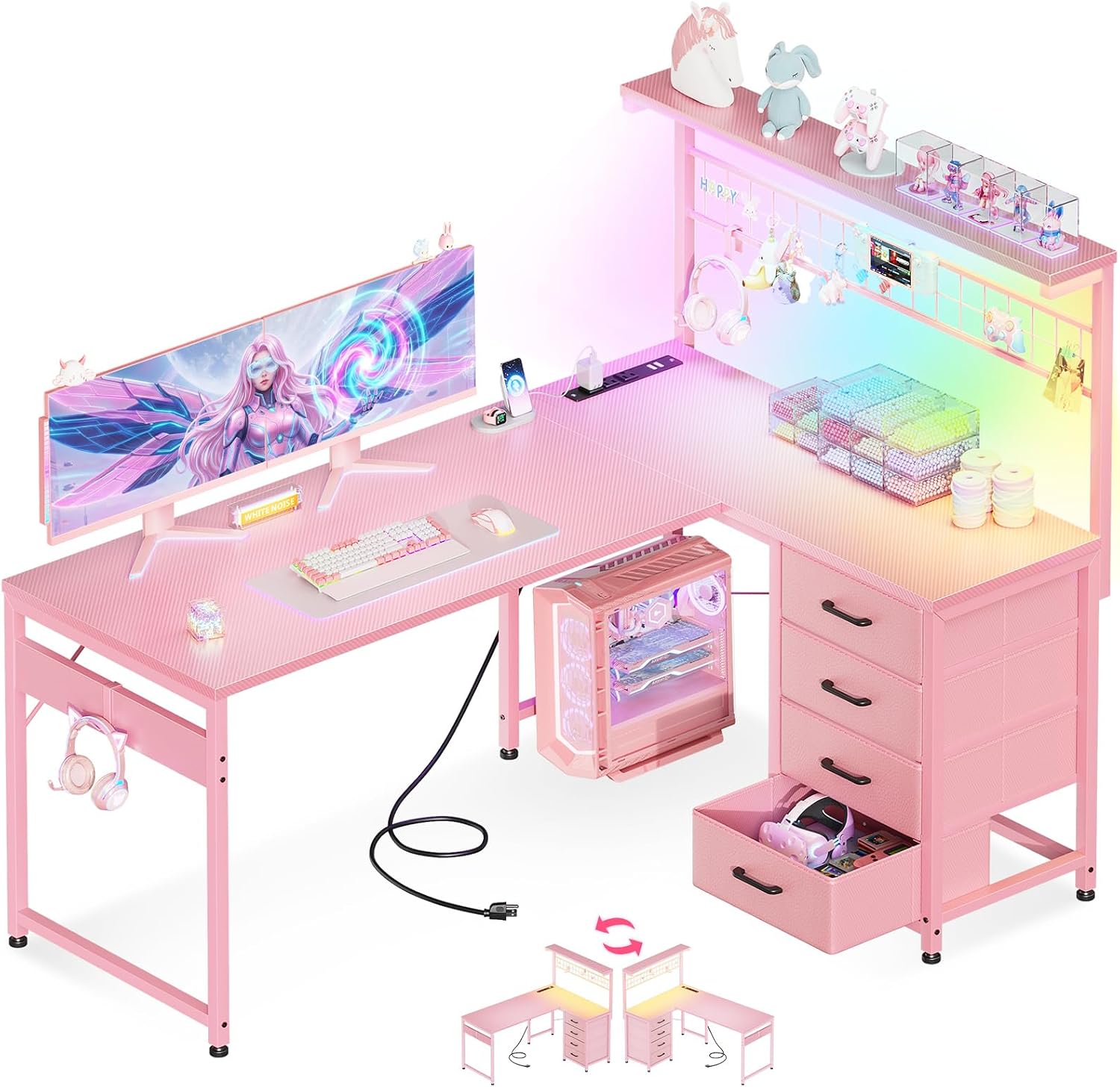 Thumbnail 6 de AODK 51-inch L-Shaped Gaming Desk with Reversible Hutch, 4 Drawers & LED Lights